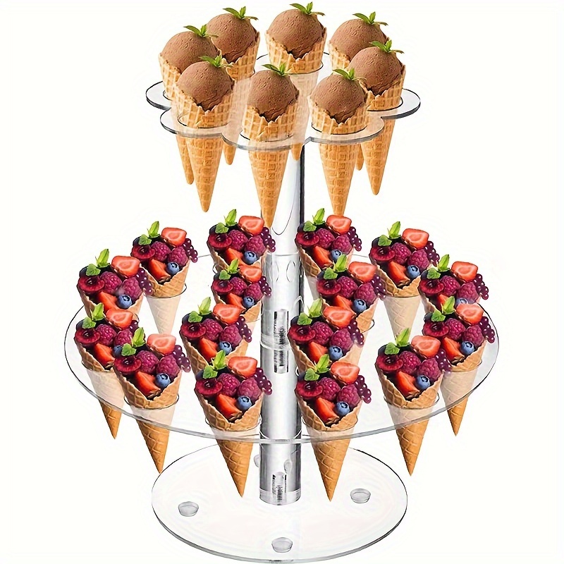 

1pc, Transparent Acrylic Double Layer Cone Ice Cream Donuts Holder, 24 Holes Egg Roll Holder, Crispy Sushi Roll Holder, For Home Gathering Party Wedding Picnic, Party Supplies, Table Ornaments