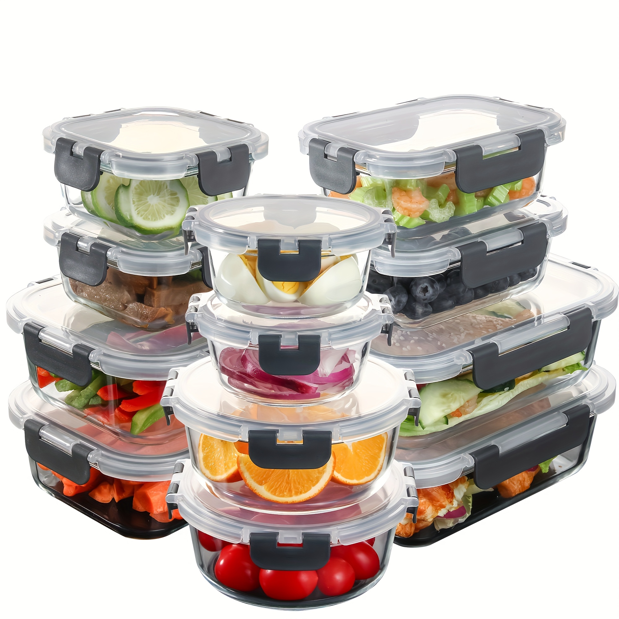 

24pcs Glass Storage Container Set With Leak-proof - Microwave, Oven, Freezer Safe, Dishwasher Friendly, Rectangular Meal Prep Containers For & Meals, Transparent With -on