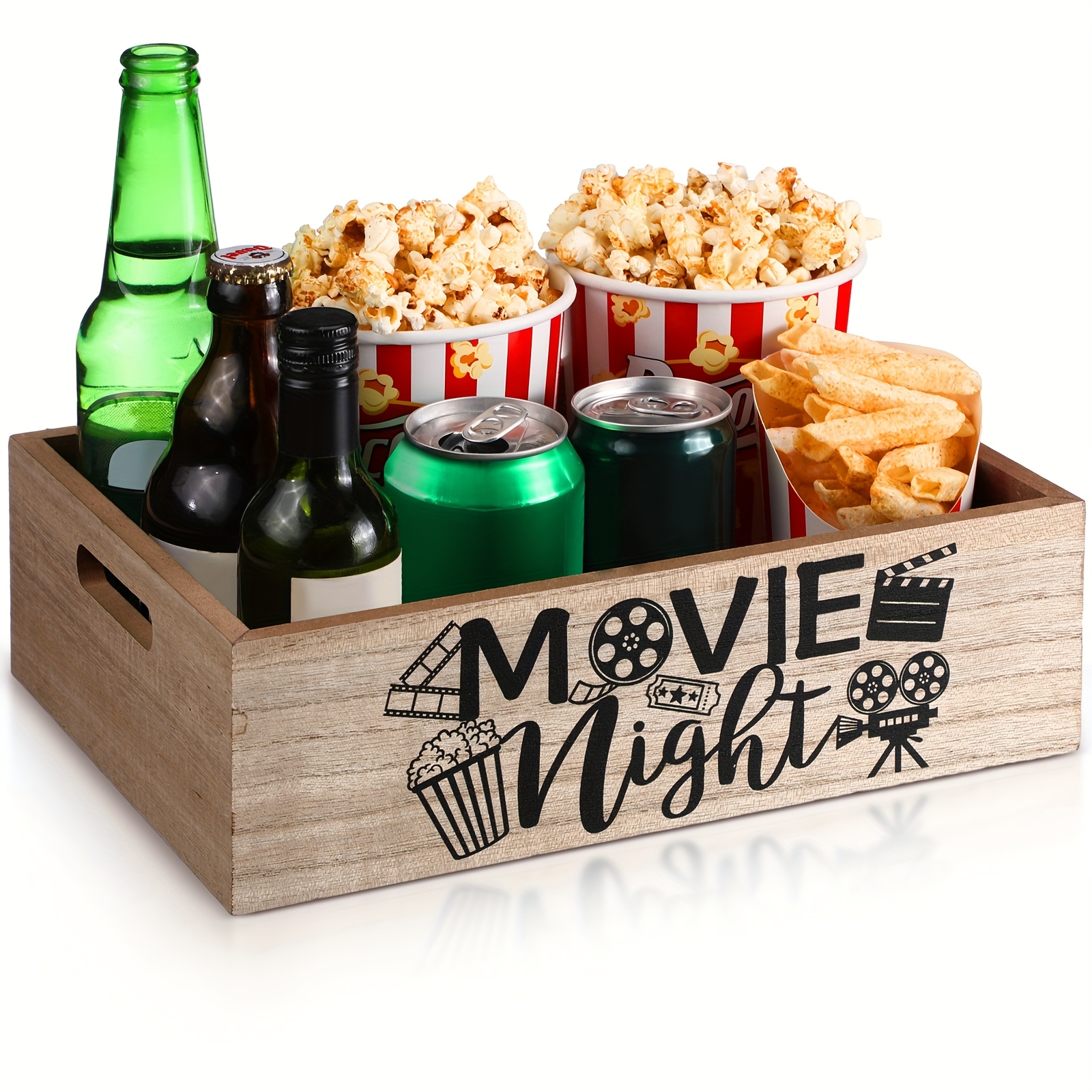 Movie Night Supplies Snack Tray With Handles For Theater Popcorn Bucket Reusable Wooden Gift Basket Organizer Holder For Family Theater Room Decor(wood Movie Night) (non-food Contact)
