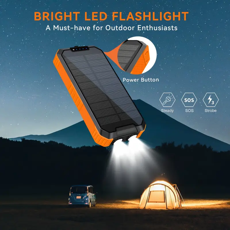 solar power bank with solar charging & usb-c fast charging, 20000mah portable charger with built-in flashlight, triple cable (3a output, wireless charging, compact & rugged design for camping, emergencies, travel - compatible with smartphones, tablets, laptops, outdoor electronics, camping essentials, durable construction, reliable performance, multidevice , techsavvy Product details 5