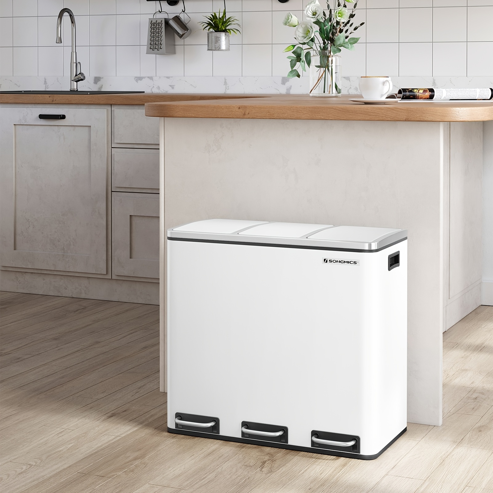 3 X 18 Litre Waste Bin With 3 Sacks 3 Compartments Lid With Inner Buckets And Handles For Kitchen