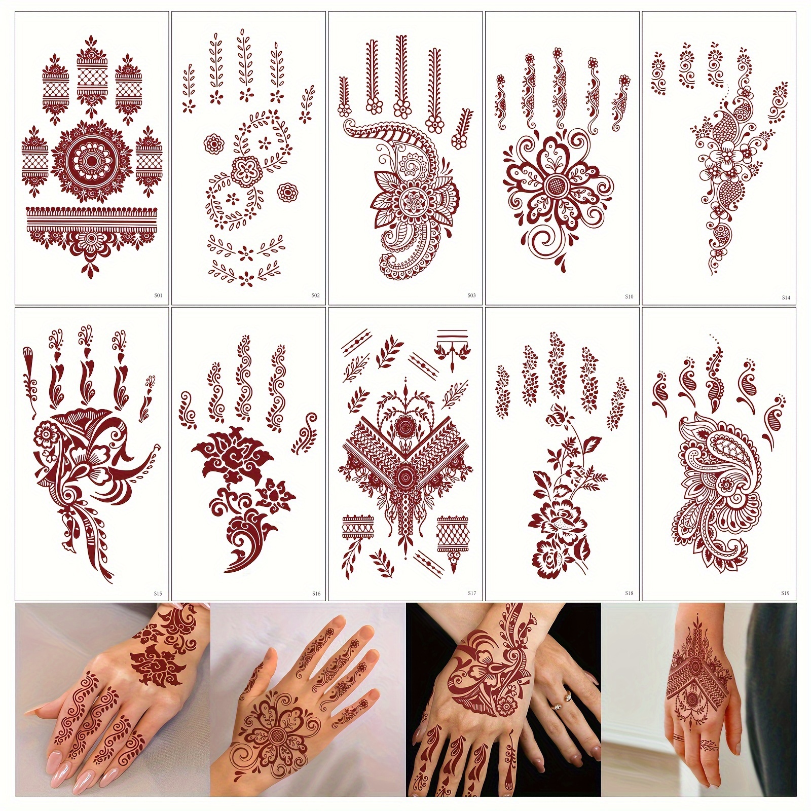 Image of 10pcs Set, Temporary Hand Tattoo Stickers, Chestnut-colored Tattoo Decals, Body Art, Suitable For Weddings, Parties, And Daily Use