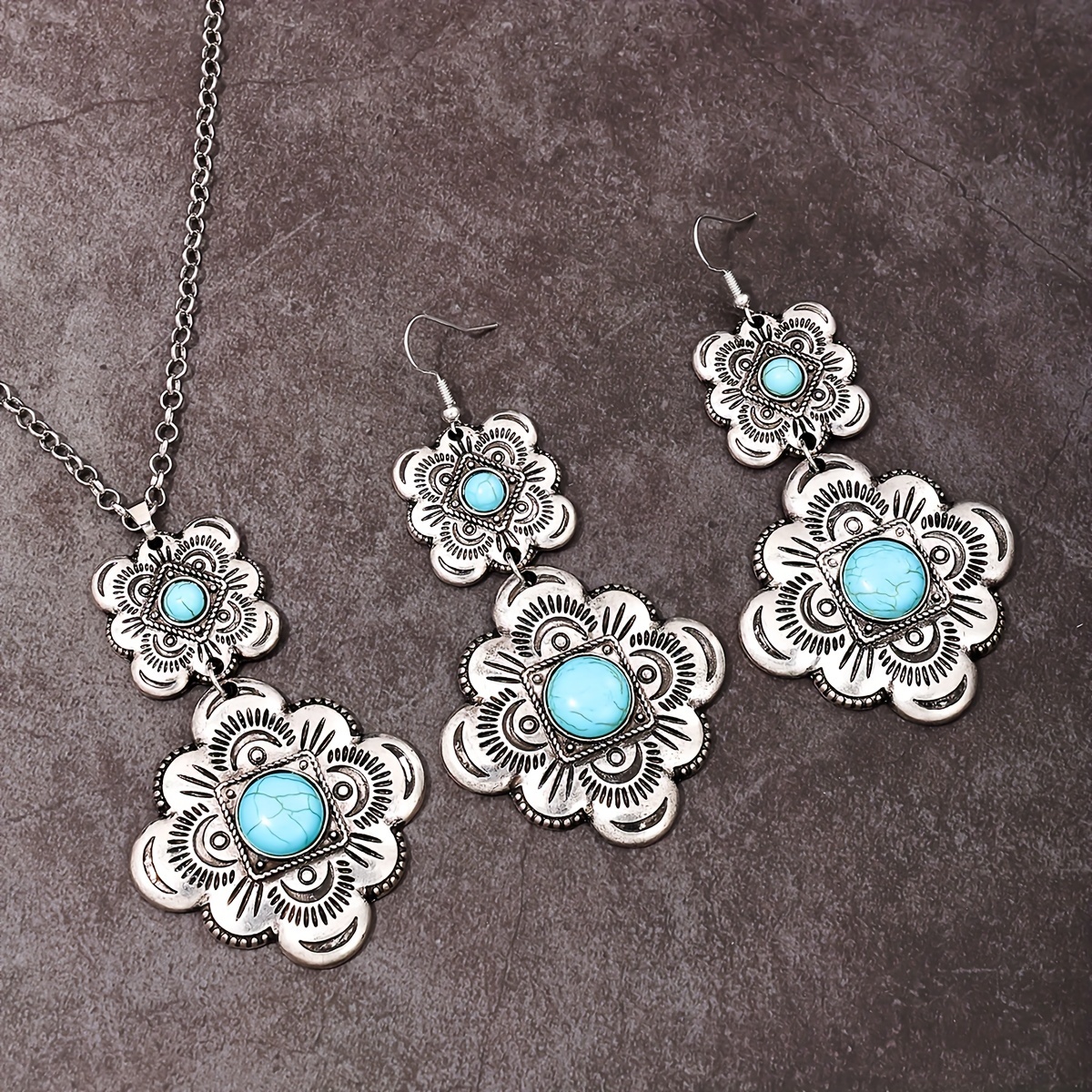 

1-piece Set Bohemian Vintage Style Silvery Floral Jewelry With Turquoise Accents, Elegant Retro Fashion Necklace And Earrings For Women