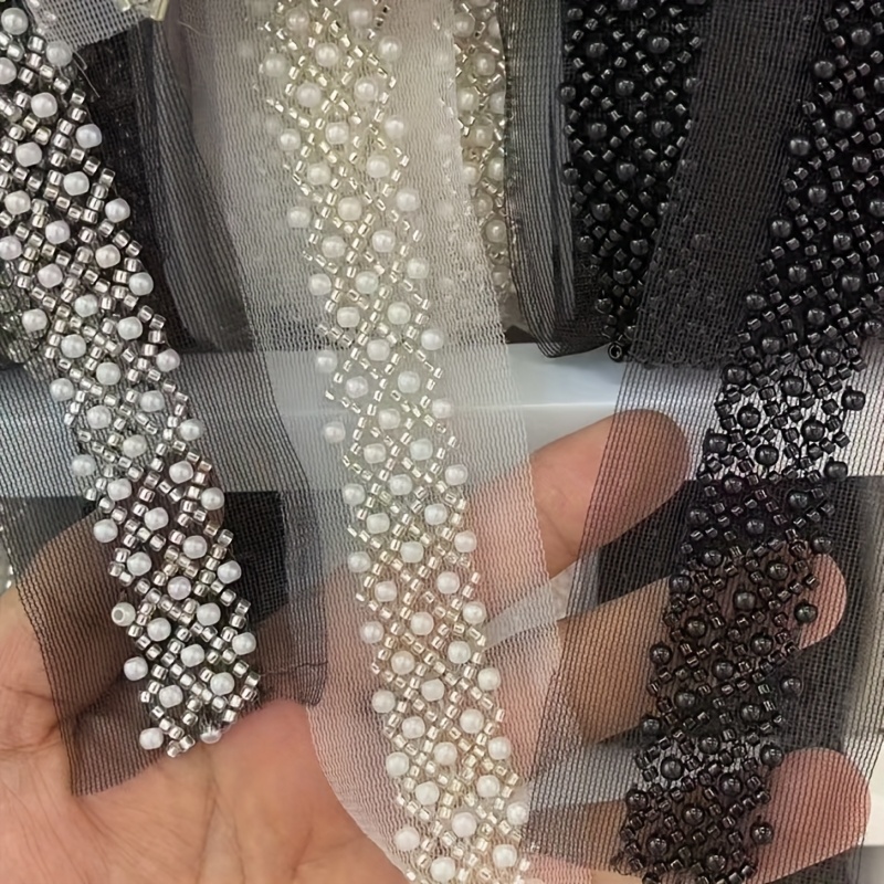 90cm 35 43in machine embroidered mesh diamond pearl lace clothing trim suitable for clothes shoes hats bags handmade decorative band additions