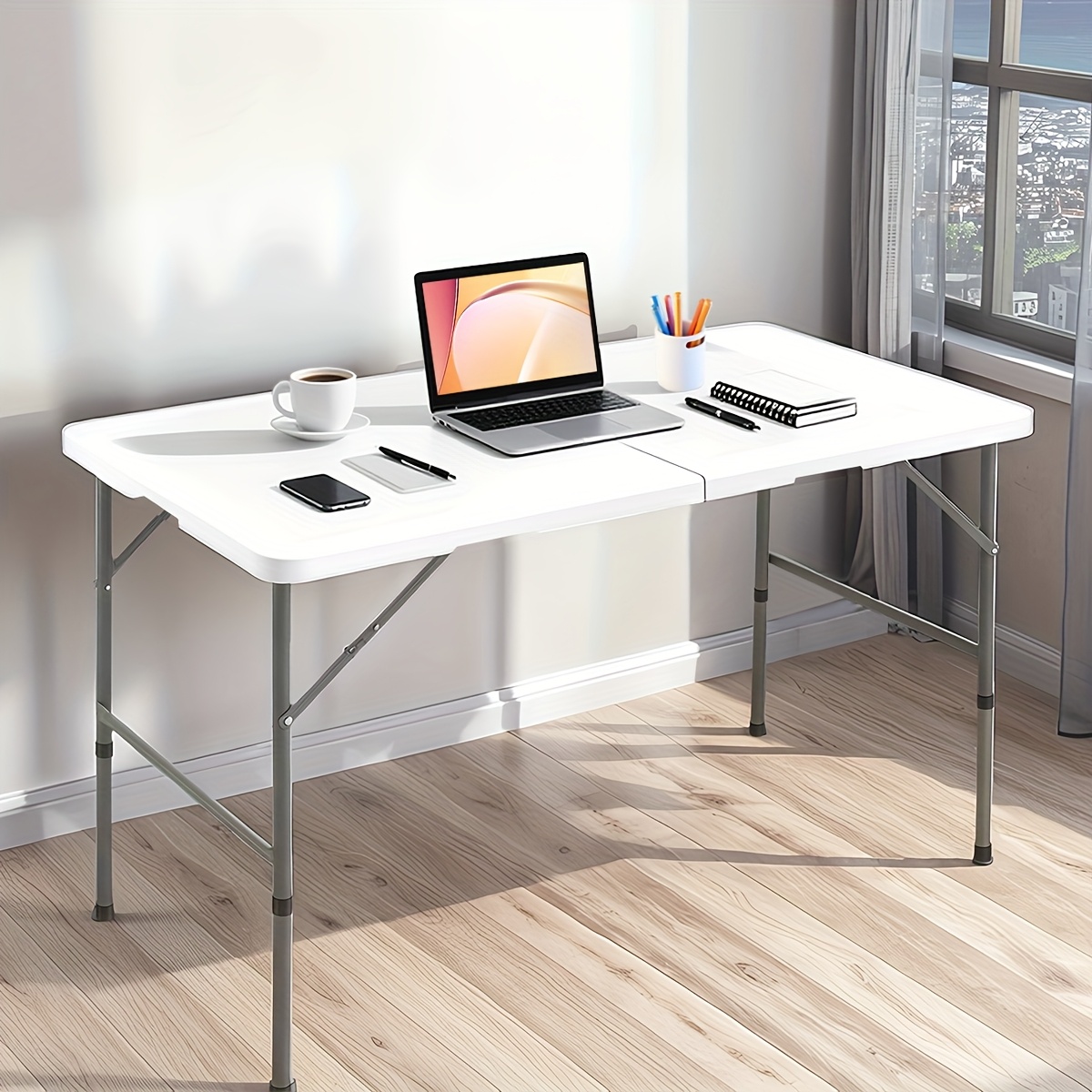 TEMU Folding Table 2.5/4/6ft Portable Heavy Duty Plastic Fold-in-half Utility Table Portable Dining Table Indoor Outdoor Adjustable Height Folding
