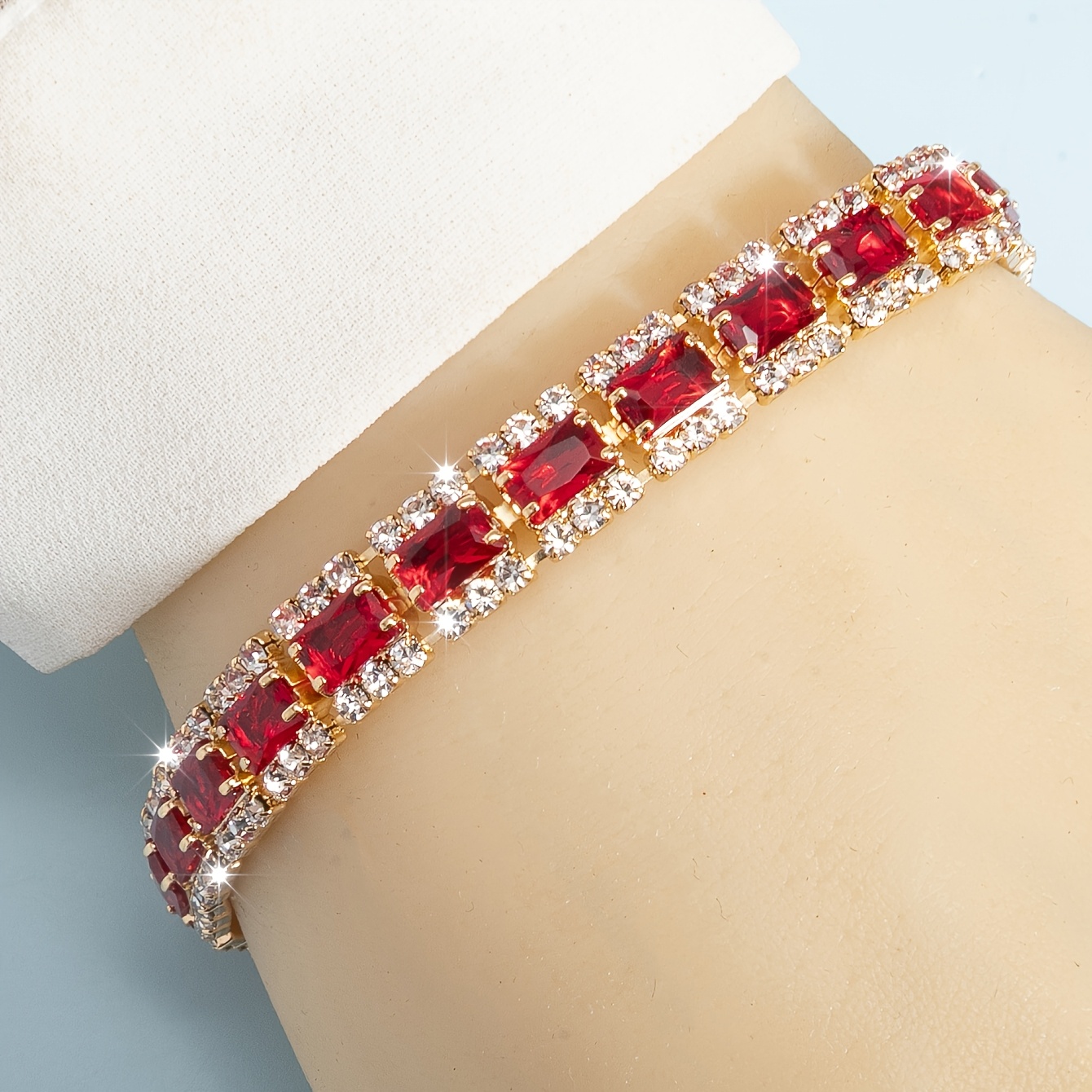 TEMU 1pc Women's Adjustable Bohemian Style Bracelet With Colorful Synthetic Zirconia Rectangular Beads, Sparkling Chains On Sides, Suitable For Daily