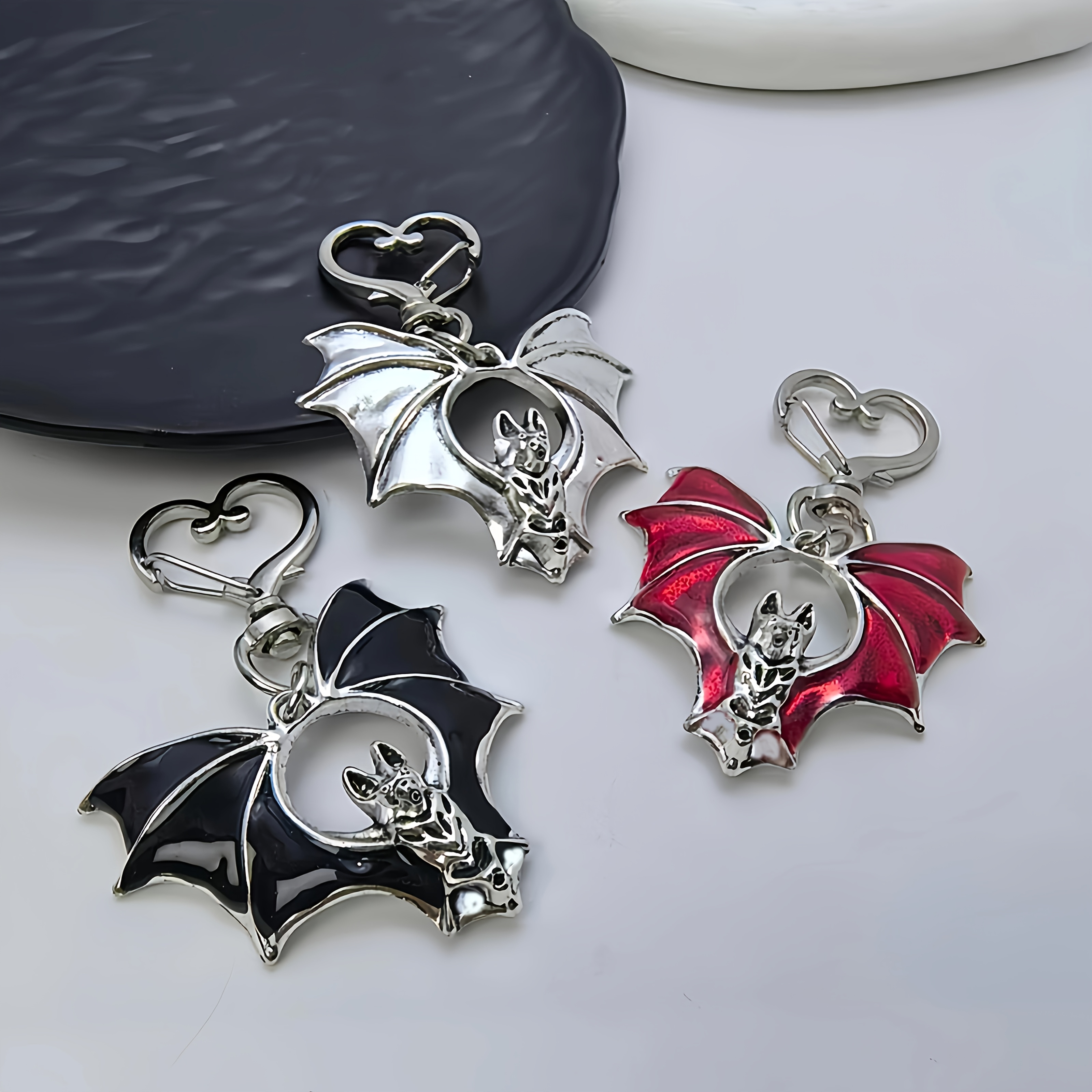 TEMU 3pcs Of Gothic Vintage-style Bat Keychain Pendants, Black, Red And Silvery Bat-shaped Keychains. Fashionable Bag Packaging Additions, Unique