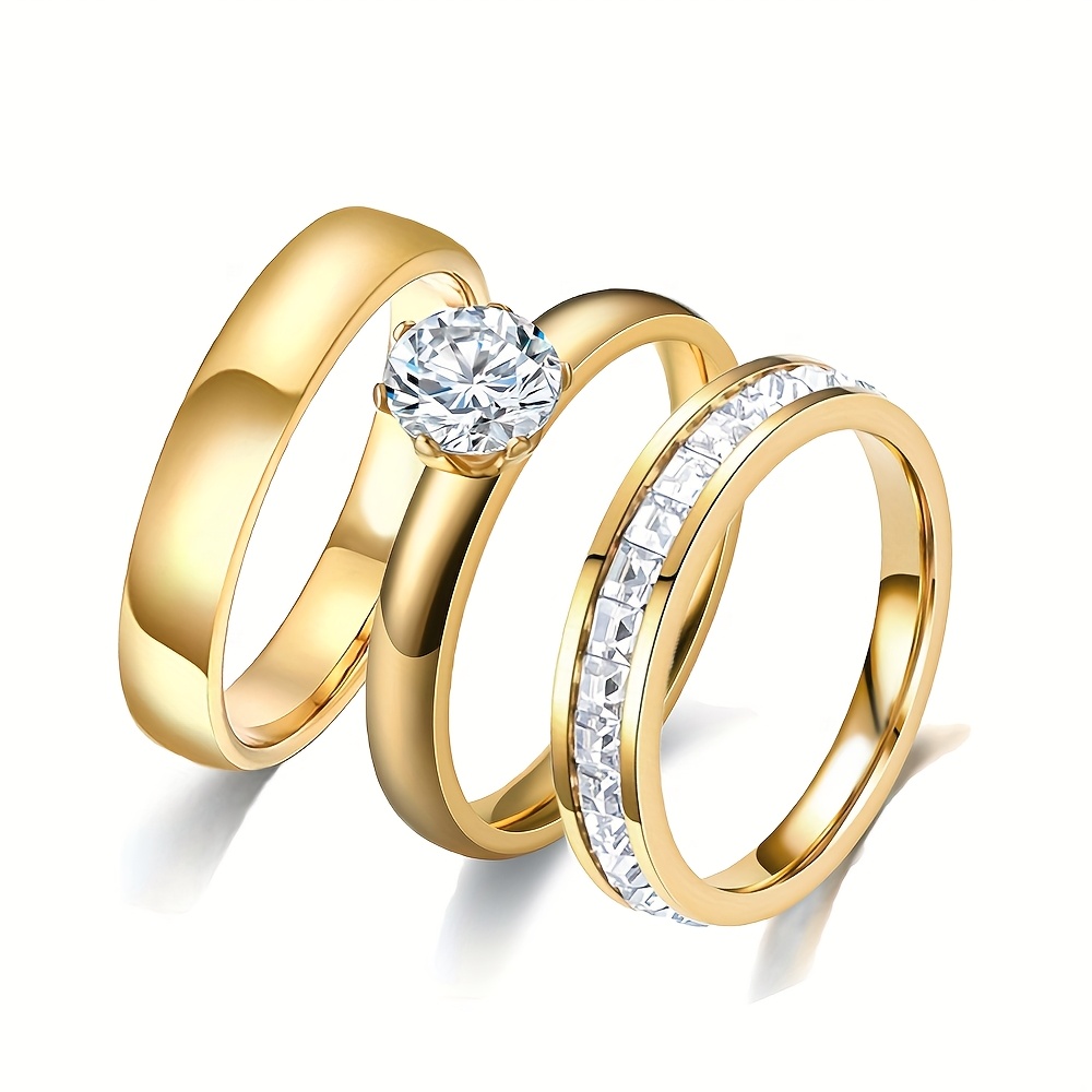 Image of 3pcs Elegant Never Fade Stainless Steel Rings Couple Student Set Rings Men Women Wedding Engagement Jewelry Gift