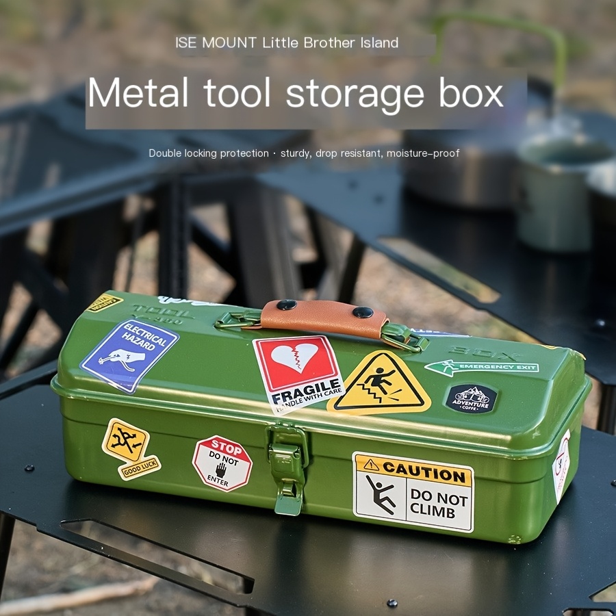 1pc heavy duty iron tool storage box with stickers felt lining grip portable outdoor toolbox for tools and accessories white double locking mechanism rust resistant moisture proof durable metal construction ideal for outdoor activities camping hiking and professional use 0