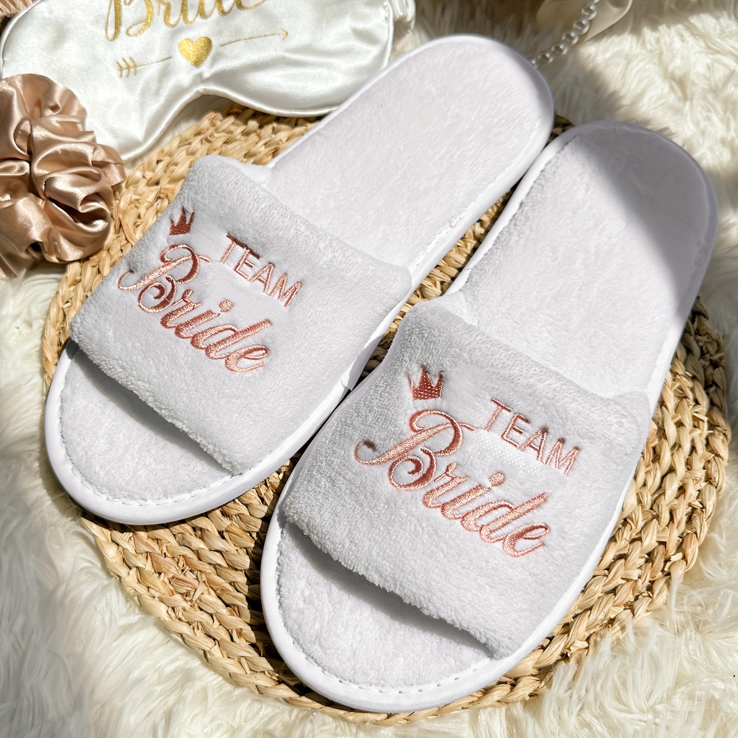 

Bridal Party Slippers Set, Open-toe With Golden, Mint Green And Pink Embroidery, Lightweight Plush Cozy Flats, Non-slip Soft Sole For Bride & Bridesmaid, Wedding Party Guests Home Slip On Shoes