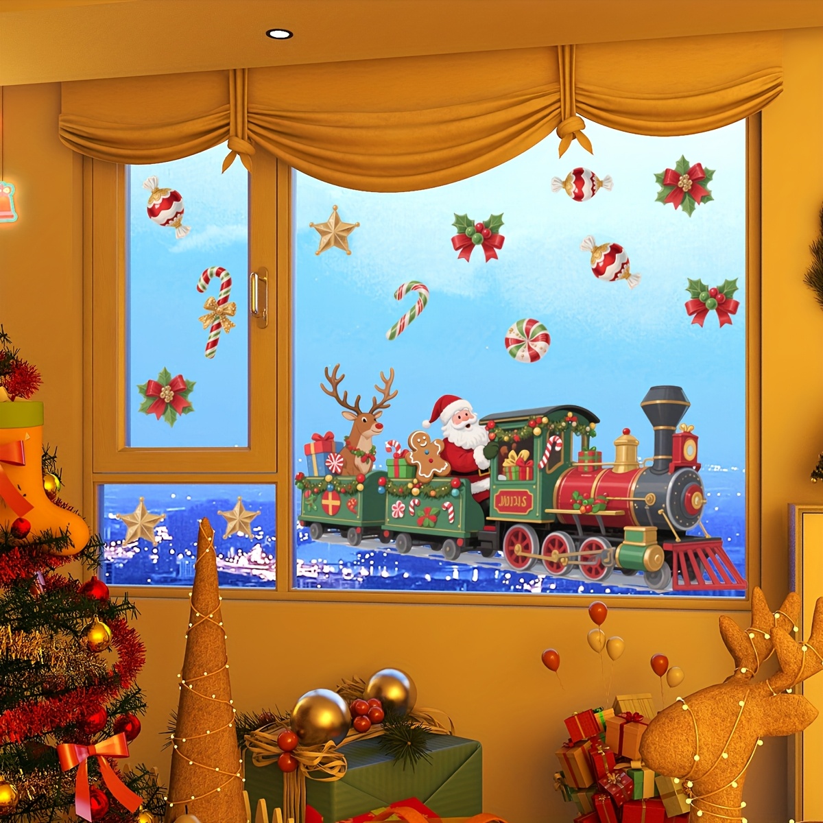Één vel (30 * 60 cm) elektrostatische kersttrein Kerstman rendier snoep huis moderne decoratie versiering slaapkamer woonkamer balkon raamstickers dubbelzijdige