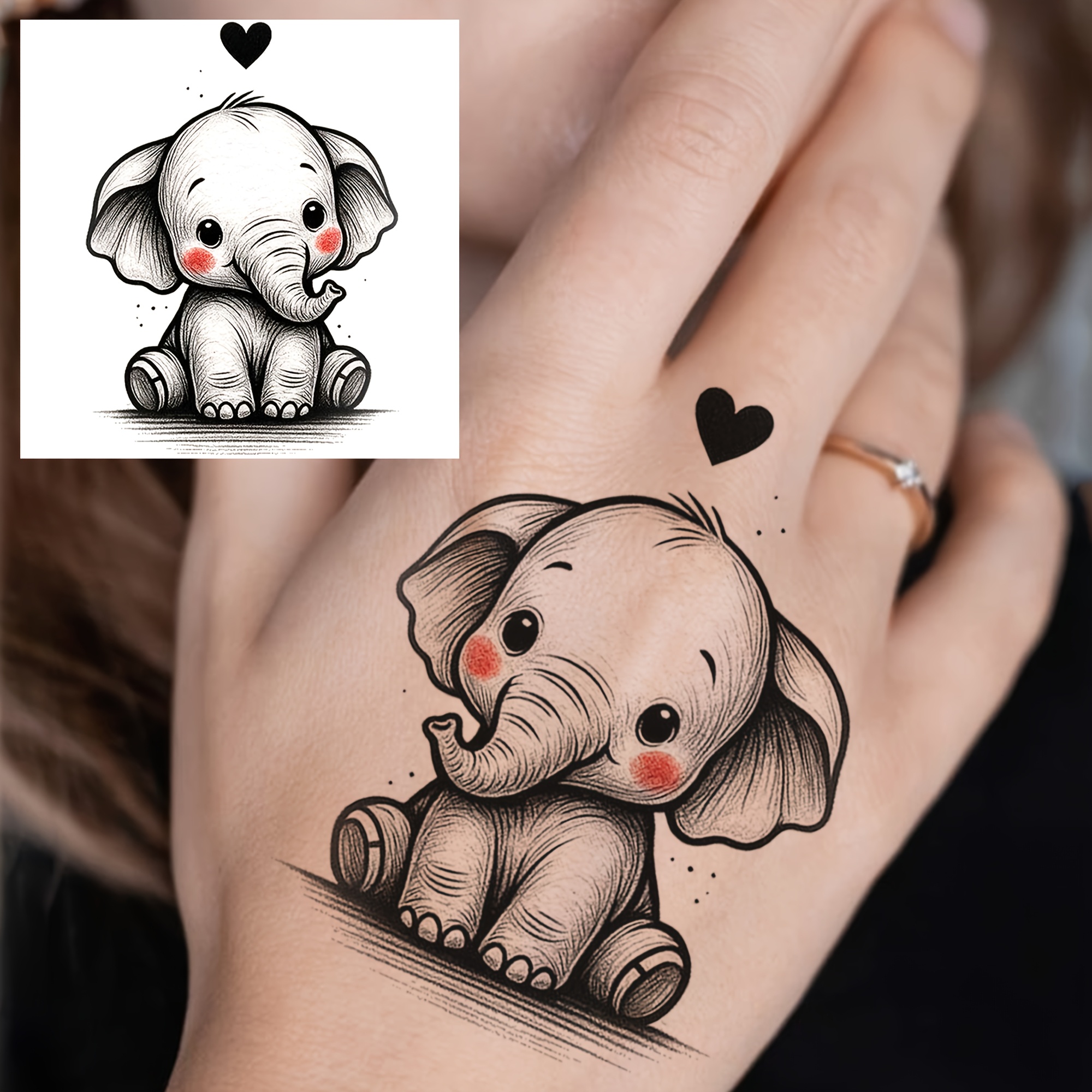 A Temporary Elephant Tattoo For Men And Women, Suitable For Fingers, Ankles, Waist, Legs, Thighs, Forearms, And Calves. This Waterproof And Long-lasting Fake Tattoo Sticker Looks Realistic