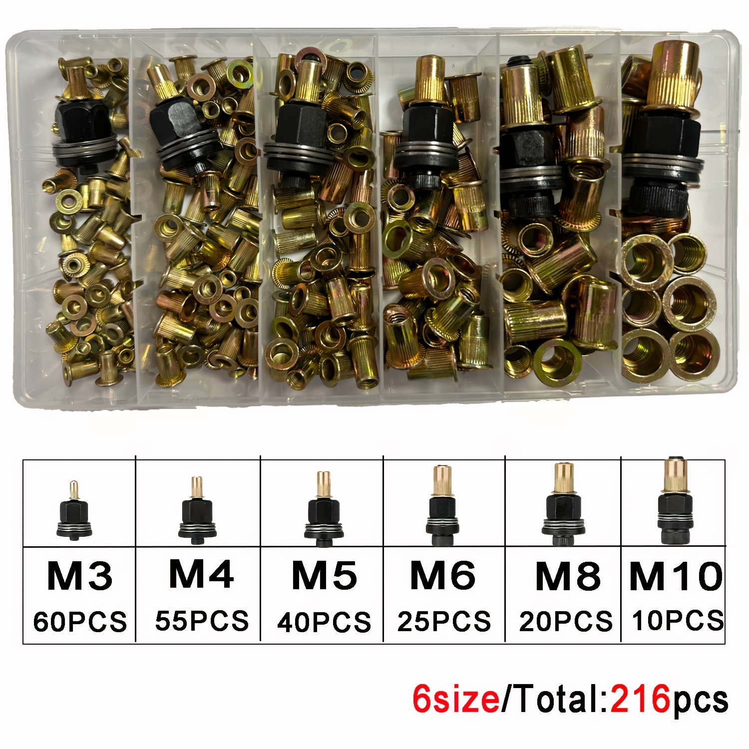 TEMU 216pcs Manual Tool Kit, Upgraded Boxed Set, Including 6pcs Specifications M3-m10 And 210pcs Matching Rivet Nuts, Heavy-duty Metal , Suitable For