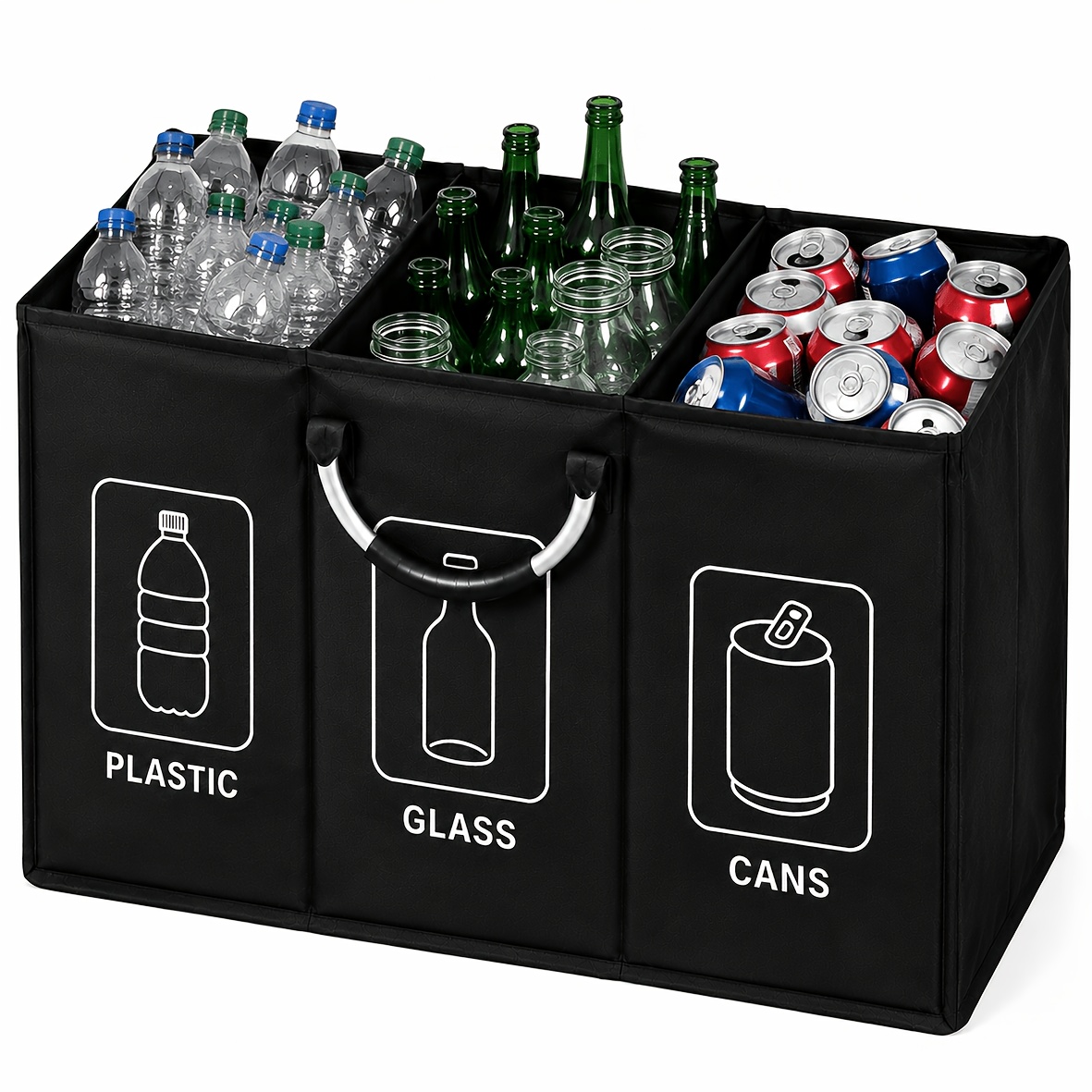 TEMU Sac trieur de noir à 3 compartiments, organisateur de rangement de grande avec poignée, bac de tri pour plastique, verre, canettes pour cuisine,