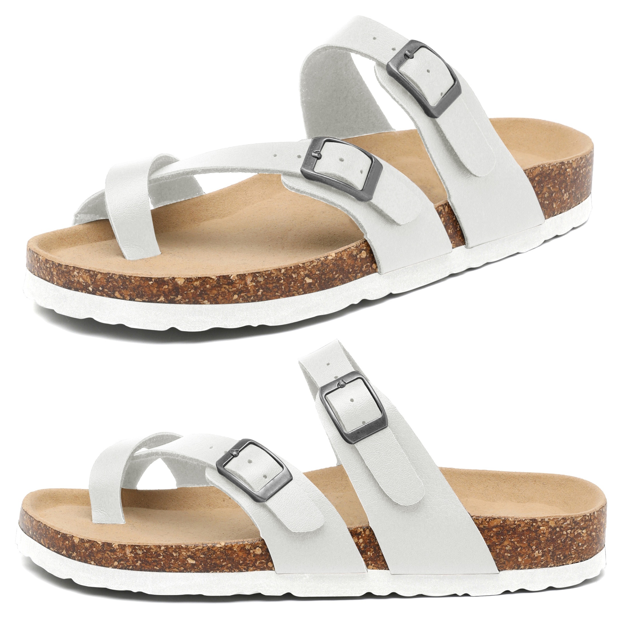 

Women's Casual Leather Sandals | Adjustable Buckle Strappy Slip-on Slides | Comfortable Cork Footbed With Arch Support For Outdoor Use