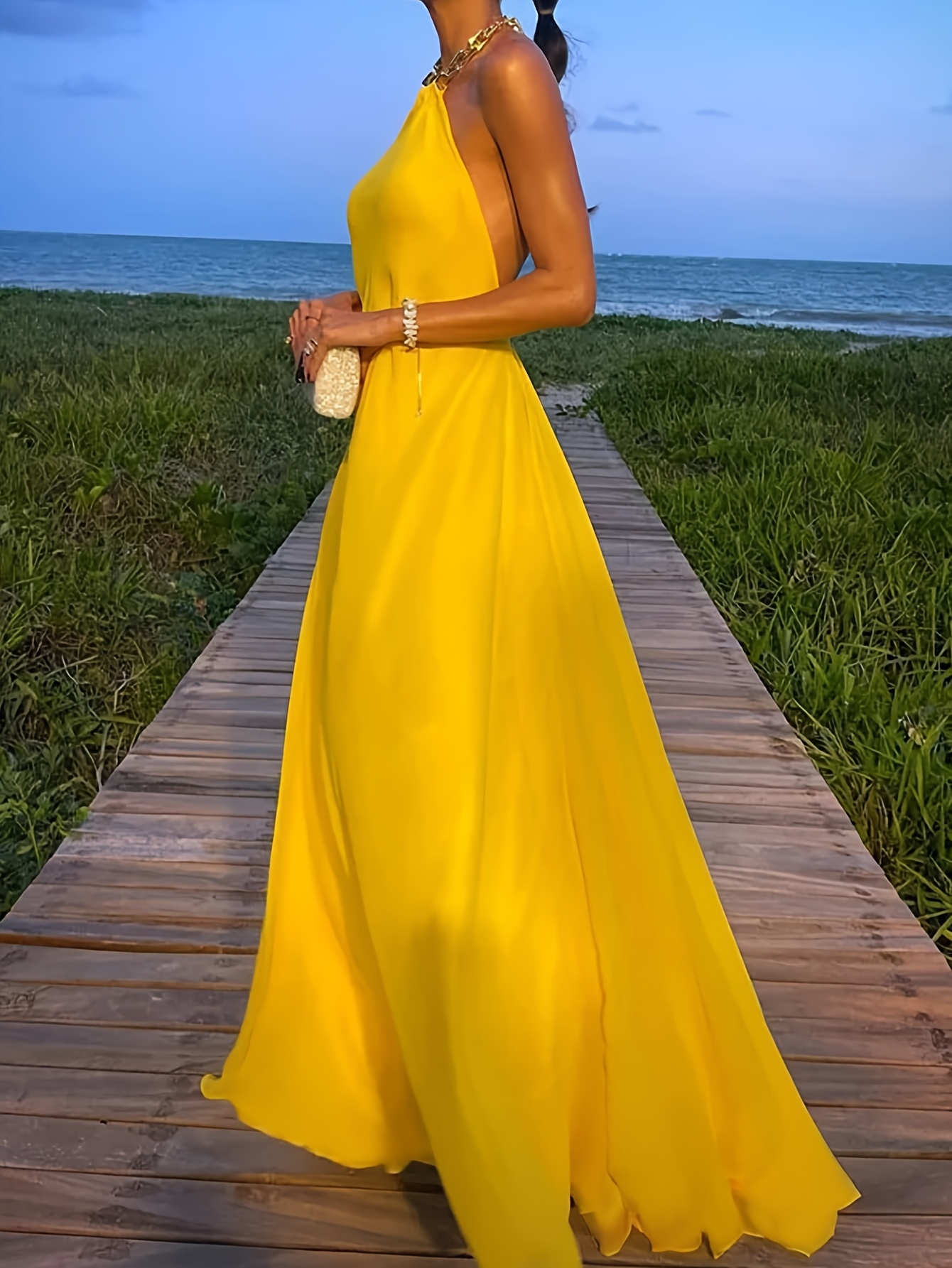 womens elegant solid yellow maxi dress sleeveless backless - Temu Portugal