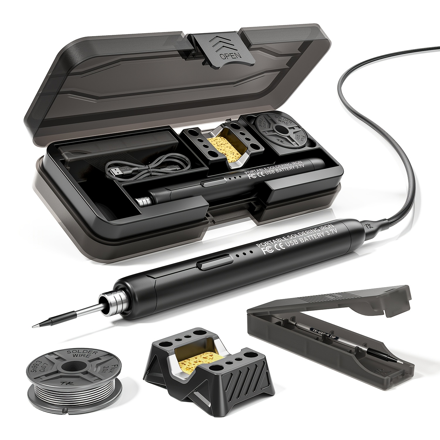 TEMU Fer à souder USB/ fil, contrôle de température à 3 vitesses, avec fil de soudure, support et boîte de rangement