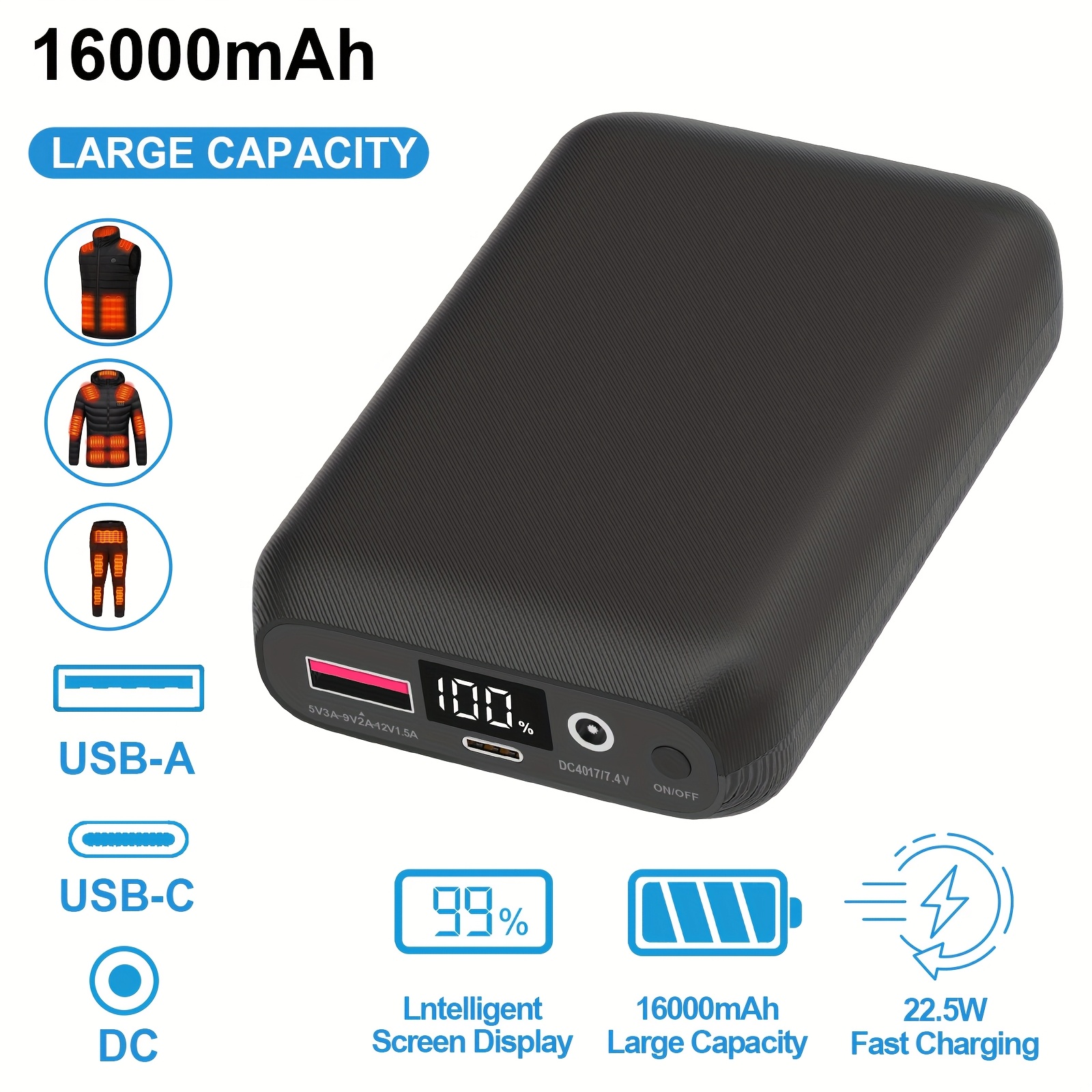 TEMU Batería Externa de 16000Mah para Chaleco Calefactor - Power Bank de Capacidad 5V/7.4V con Pantalla LED y /Usb/Type-C para Chaqueta y Pantalones