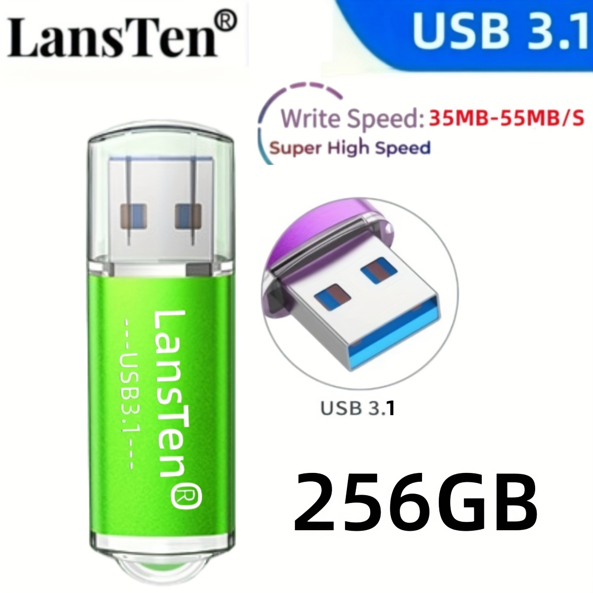 TEMU Lansten USB Flash Drives disponibles en capacidades de 64GB, 128GB y 256GB, con tecnología USB 3.1. La velocidad de escritura varía de 35 a 55Mb/S.
