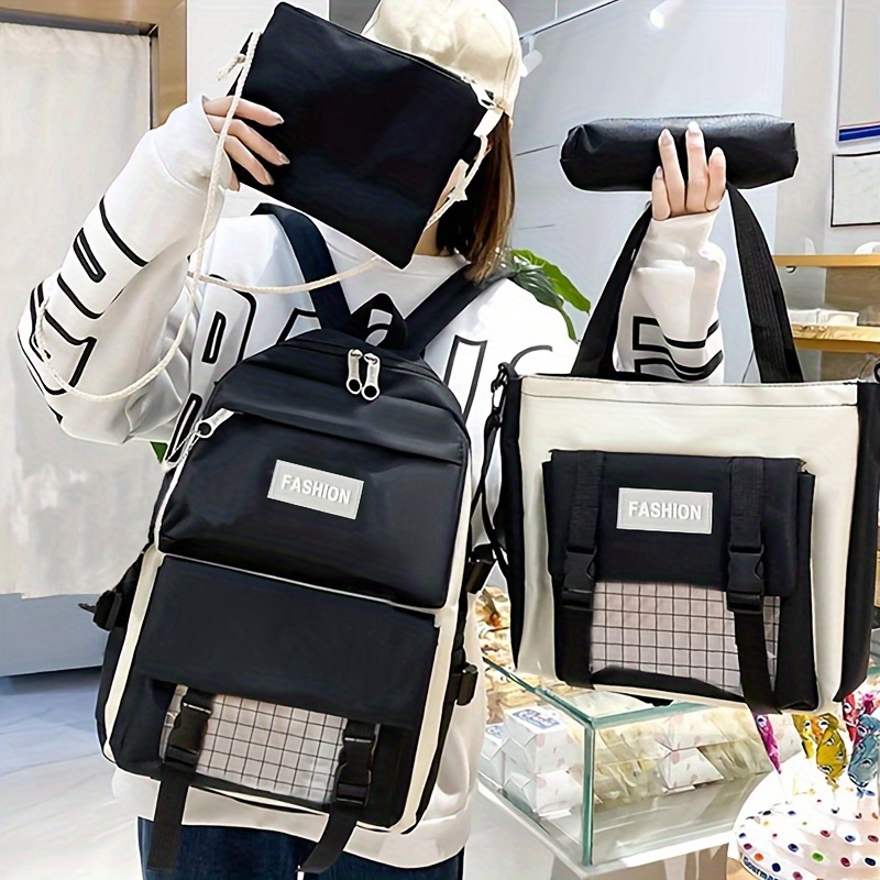 

4 Pcs Korean Ins Style Nylon Backpack, Lightweight Backpack With Adjustable Straps And Zipper Closure, School Bag