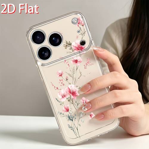 phone case pink floral transparent pattern 2d flat phone case for iphone 17 16 15 14 13 12 11 pro xs xr 7 8 6 6s plus 16e 17e fashionable full coverage shockproof soft black pattern easy protector