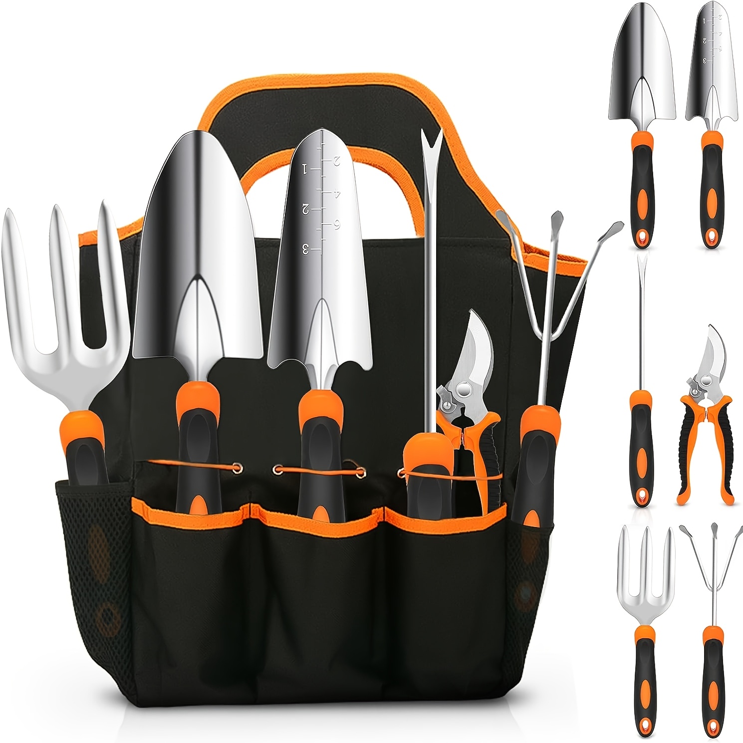 6pcs Heavy Duty Stainless Steel Gardening Tools Set with Non-Slip Rubber Handles & Storage Tote Bag, Outdoor Hand Tools Including Trowel, Rake, Pruner, Ideal Gardening Gifts for Women, Christmas Gifts