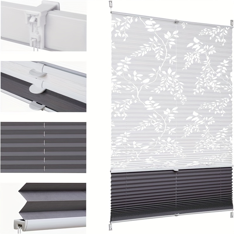 no drill day night double pleated blind grey dual tones clamp   light filtering blackout   polyester fabric thermal noise insulation   bedrooms living rooms offices