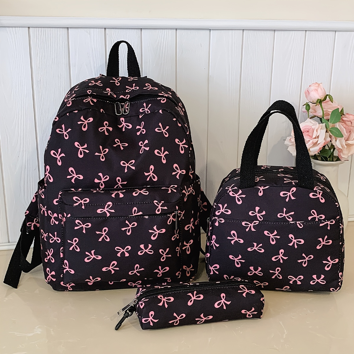 TEMU Women's 3pcs Set Versatile Fashion Women's Bow Print Combination Bag Student Schoolbag
