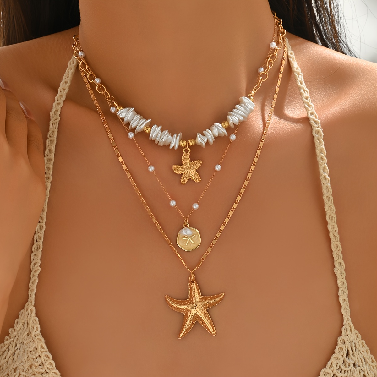 TEMU Juego de collar de 1 pieza estilo Instagram de capas con temática , de mar de , conchas de y gargantilla. Accesorio de collar en capas para
