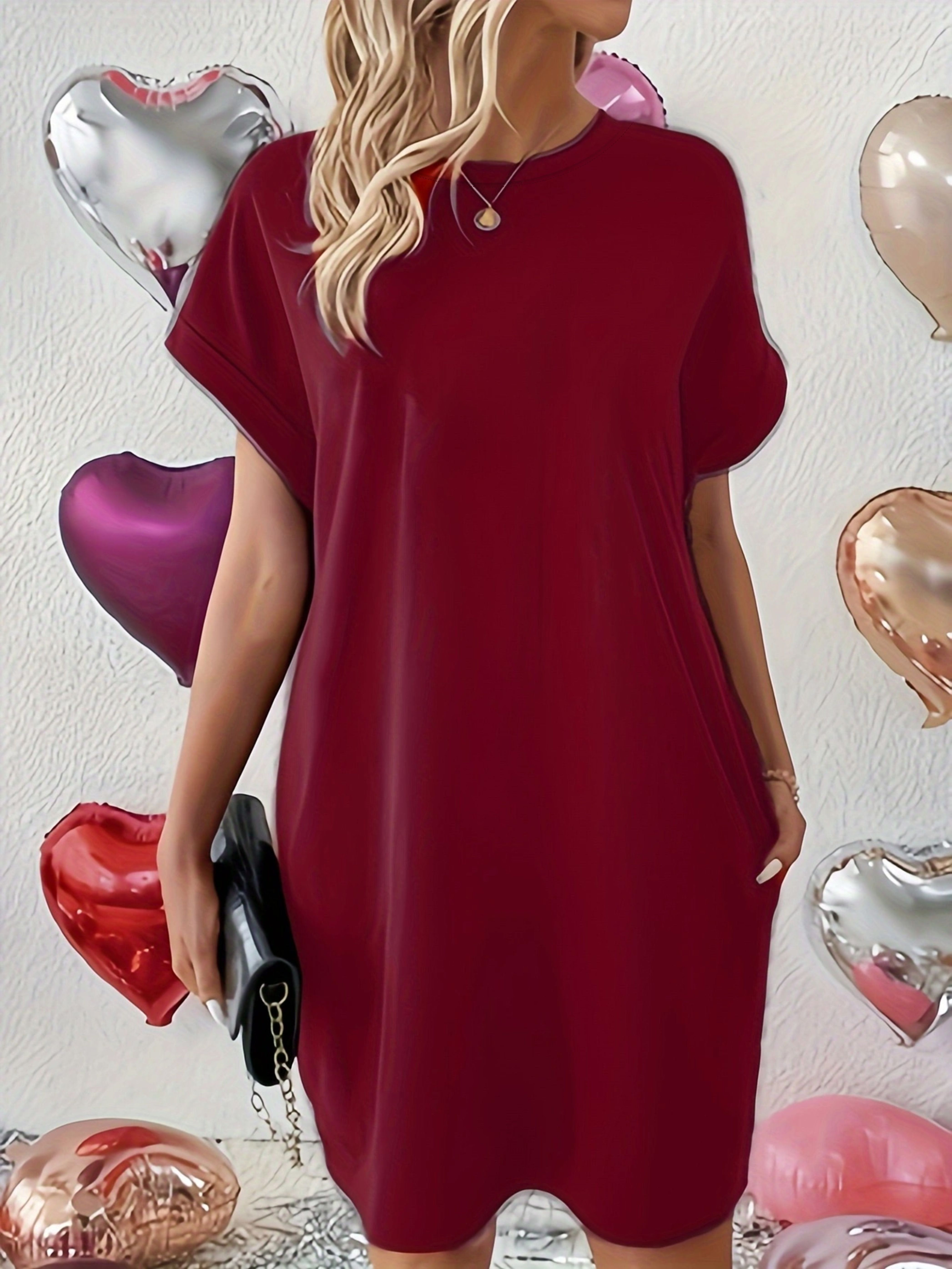 Dual Pocket Crew Neck Loose Dress, Casual Short Sleeve Dress For Spring & Summer, Women's Clothing