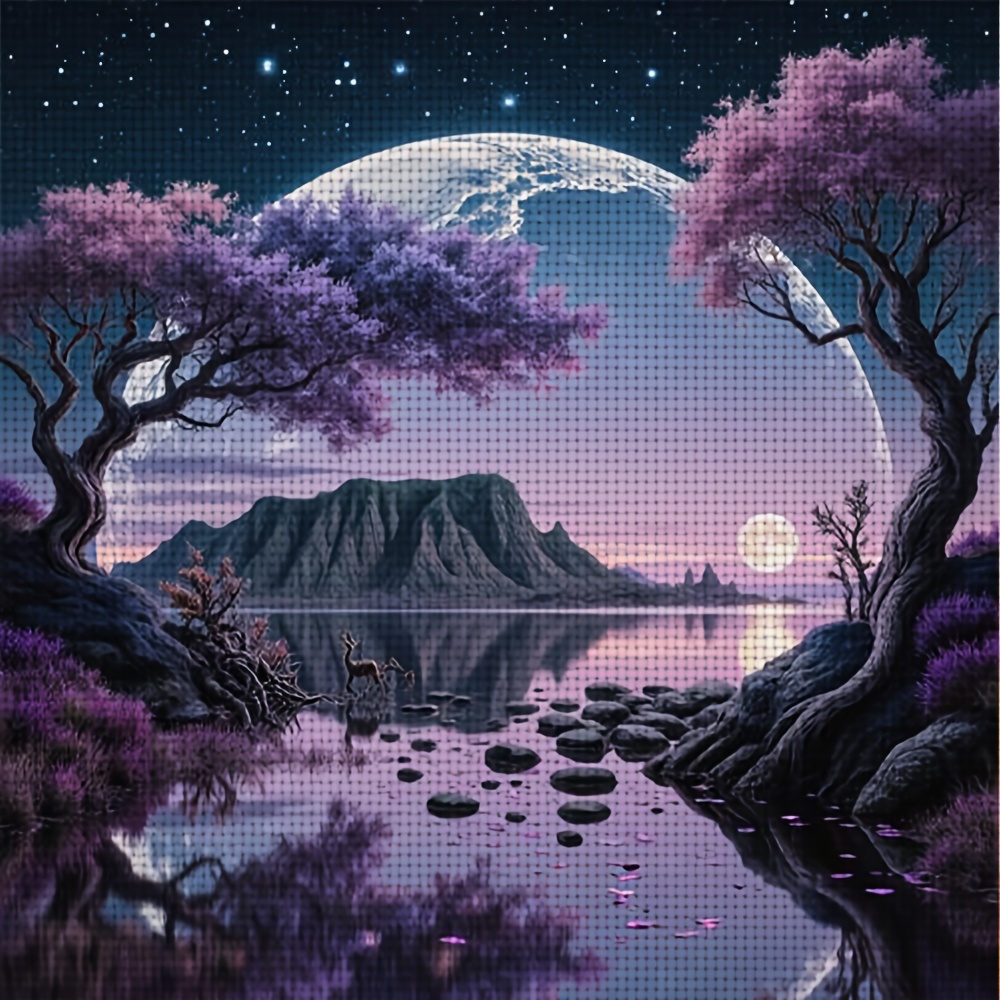 TEMU A Cross Stitch Kit Featuring A Lake, Purple Trees, And A Deer At Night. This Handmade Art Piece Is Ideal For Adults And Beginners, Making It A