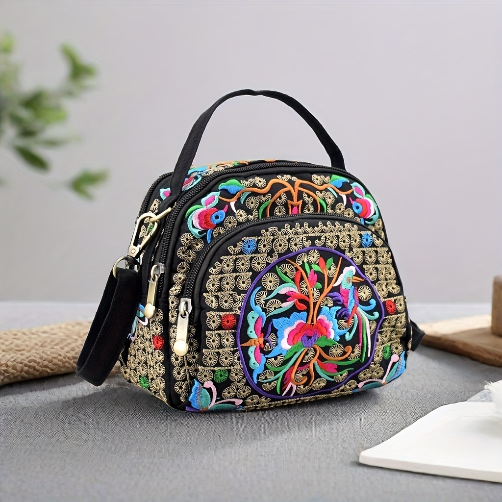 

Chic Embroidered Floral Crossbody Bag For Women - With Multiple Zipper Compartments & Phone Pocket, Ideal For Travel