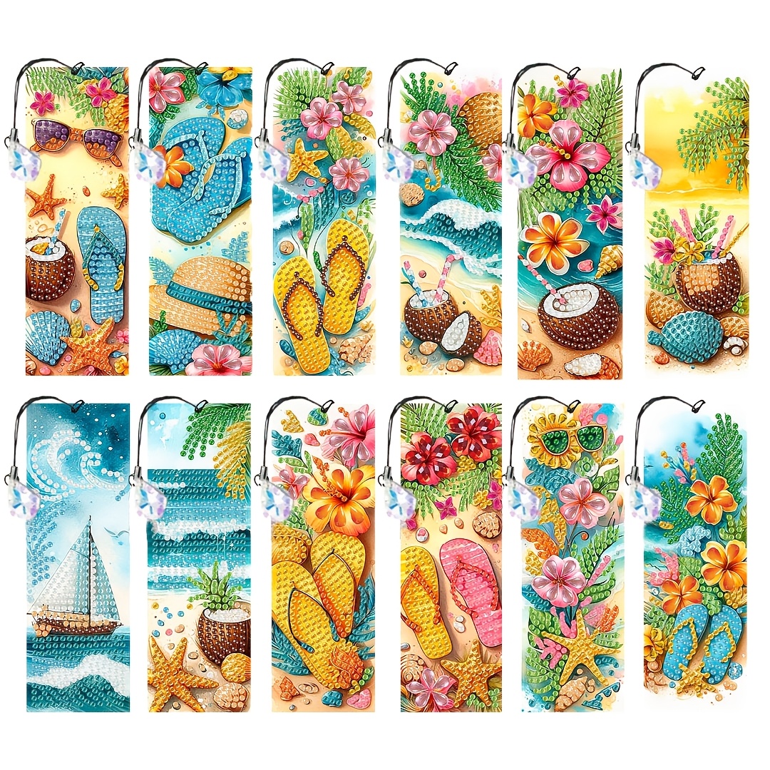 TEMU 12pcs Beach Scenery Diamond Painting Bookmarks, Featuring Coconut, Flip-flops, Starfish, Seashells, Sailboats, , Sunglasses, Waves And Other
