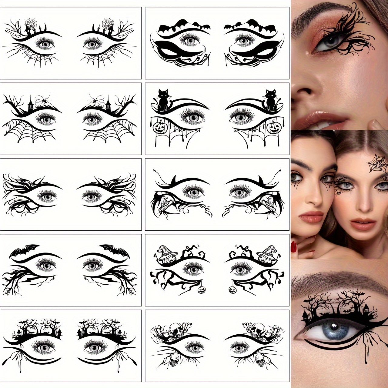 

Waterproof Temporary Eye Tattoos For Women, 10 Pack - Halloween Spider Web Bat Design, Temporary Eye Makeup For Costume Parties And Celebrations, Water-resistant, Easy Application Paper Tattoos