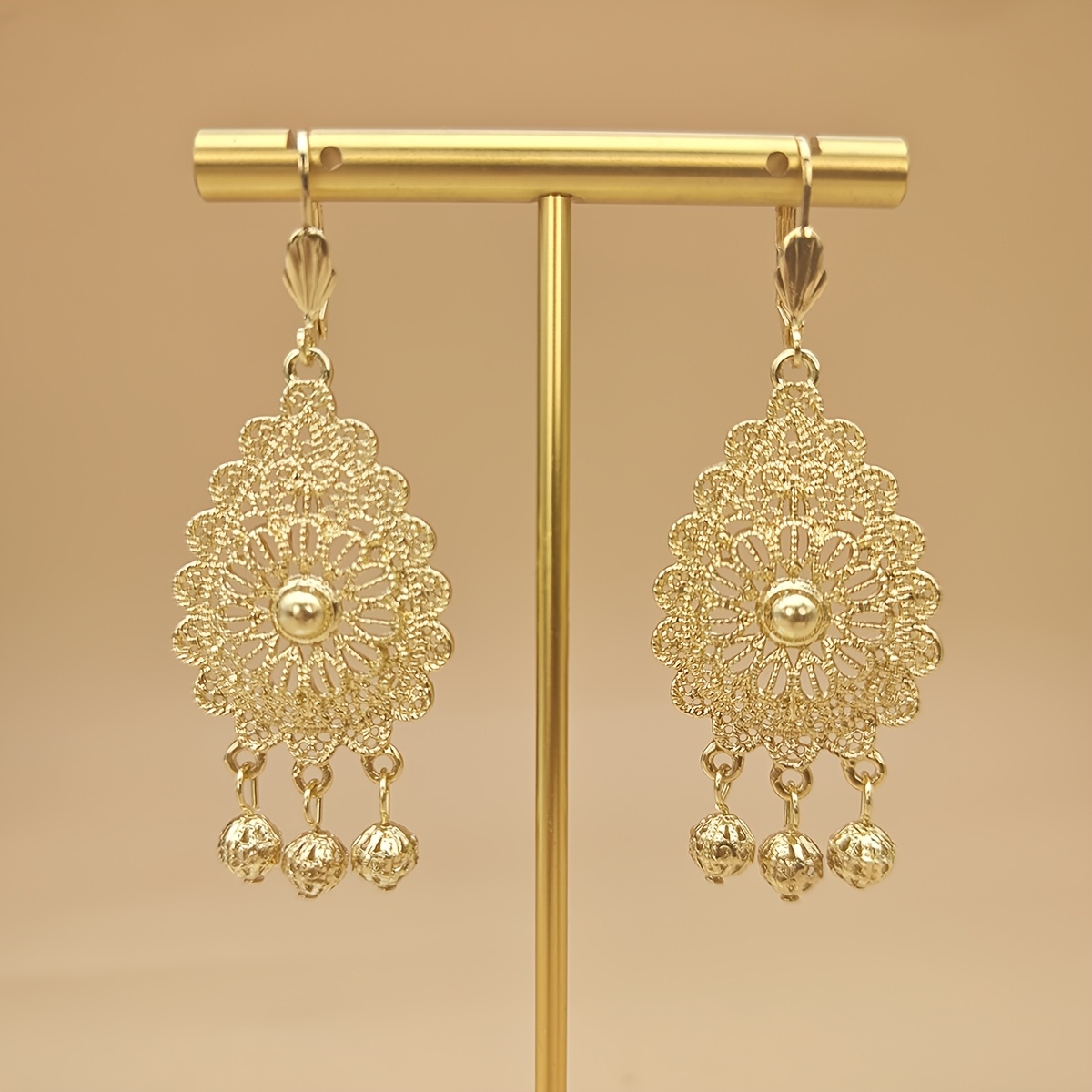 Image of 1 Pair Of Style Golden Plated Alloy Hollow Small Ball Tassel Middle Eastern Arabic Style Women's Earrings Suitable For Holiday Wedding Wear Jewelry