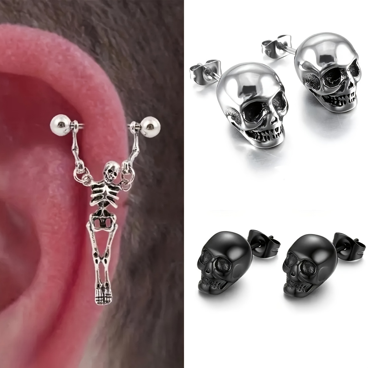 

5pc/2 Pairs Punk Stud Skull Earrings Set, Mens Retro Silver Black Rock Ear Piercing Earrings
