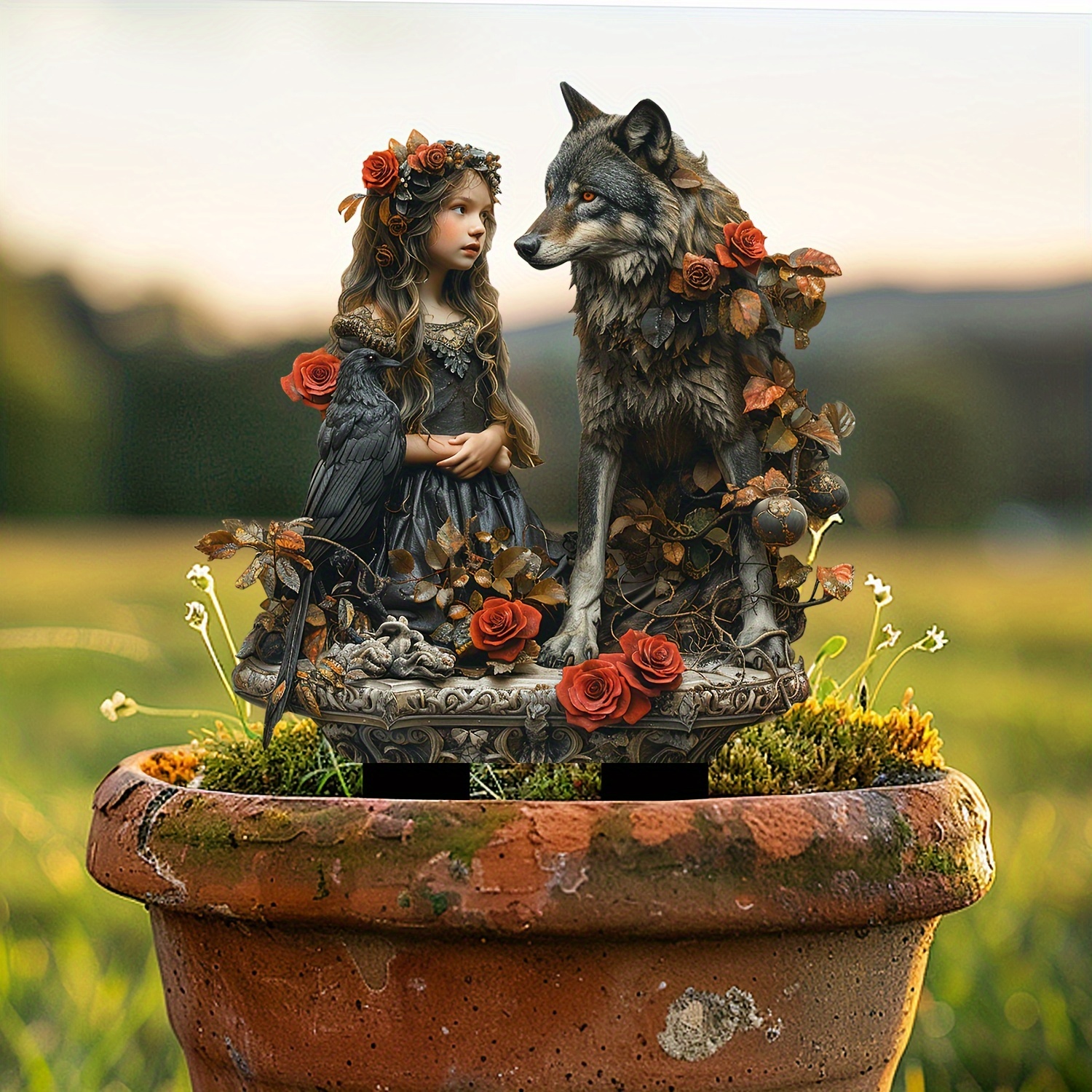 

Rose-adorned Girl And Wolf Acrylic Garden Sculpture: 11.8in X 8.2in, Waterproof, Scratch & Chemical Resistant, No Burring Clean Cut Edges