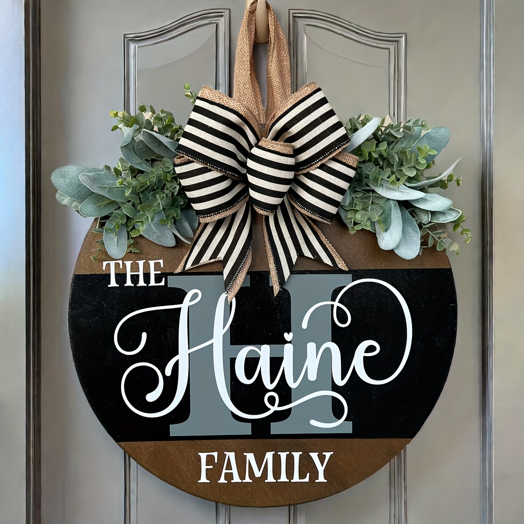 

Customizable Wooden Family Name Door Hanger – Universal Holiday Welcome Wreath With Striped Bow – Wall Mount Personalized Entryway Decor – No Electricity Needed