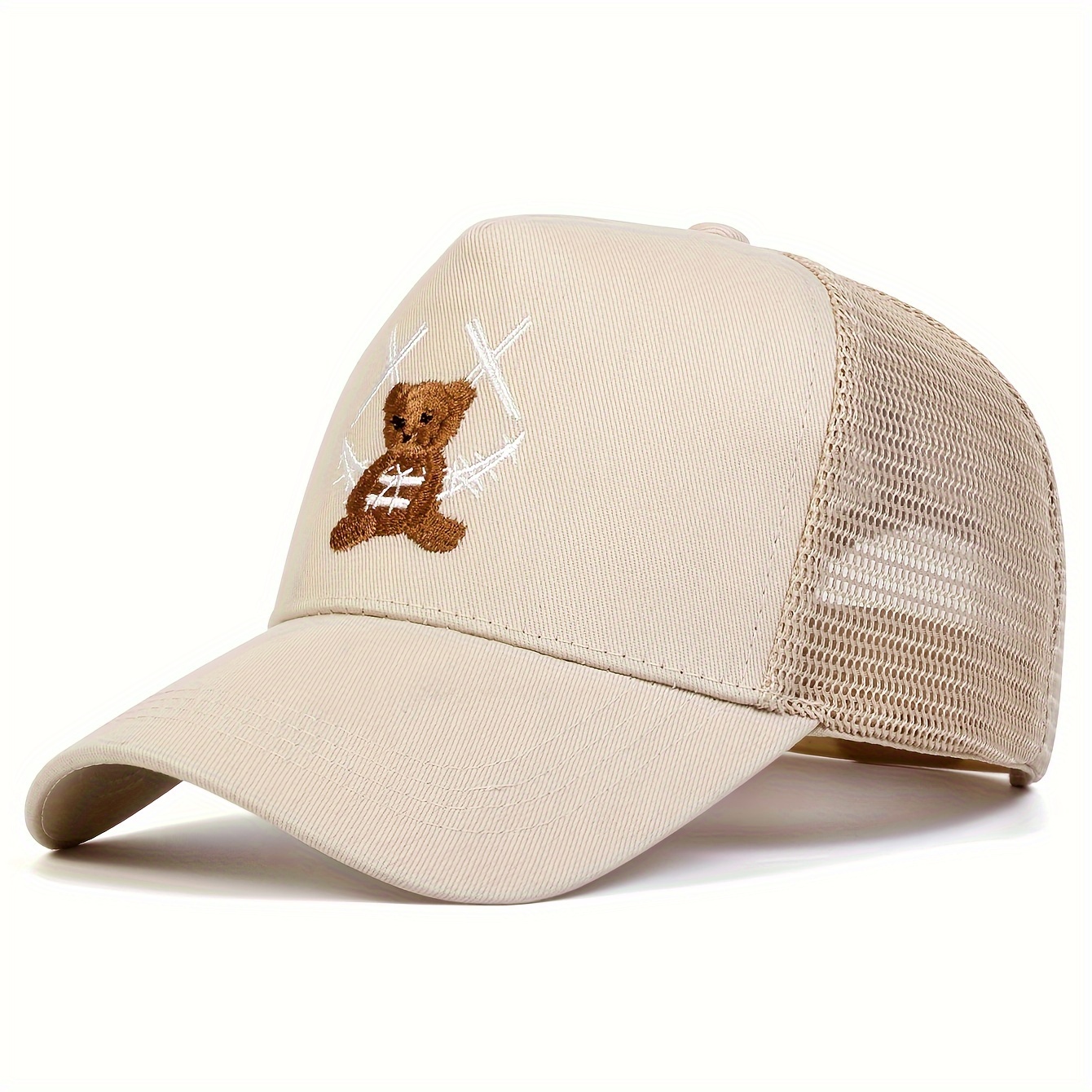 Image of 1 Men's Cartoon Bear Embroidered Baseball Cap, Trucker Mesh Hat, Outdoor Adjustable Hat, Suitable For Spring And Autumn , Travel, Beach Parties