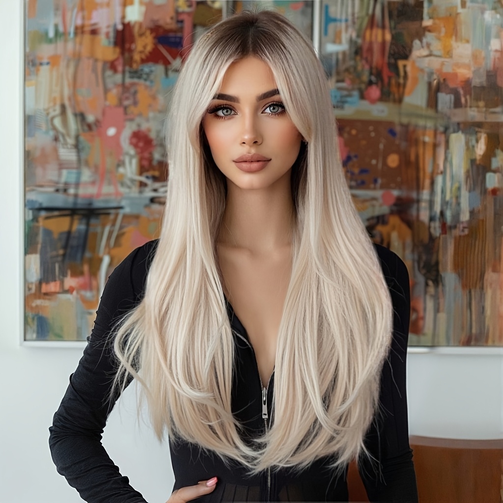 

-inch Long Straight Layered Wig With Bangs, Soft Synthetic Material, Featuring A Of Golden And Mixed Dye. This Stylish Wig Is Wear, Christmas, Music Festivals, Parties, Cosplay, And .