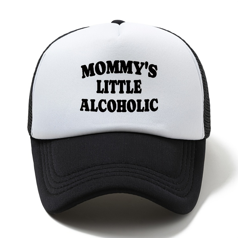 E-shop Fabric.MAKEFGE " LITTLE ALCOHOLIC" Baseball-Cap – Zweifarbige Trucker-Mütze (Schwarz/Weiß), atmungsaktiver Fischerhut-Stil für Herren, lustiges