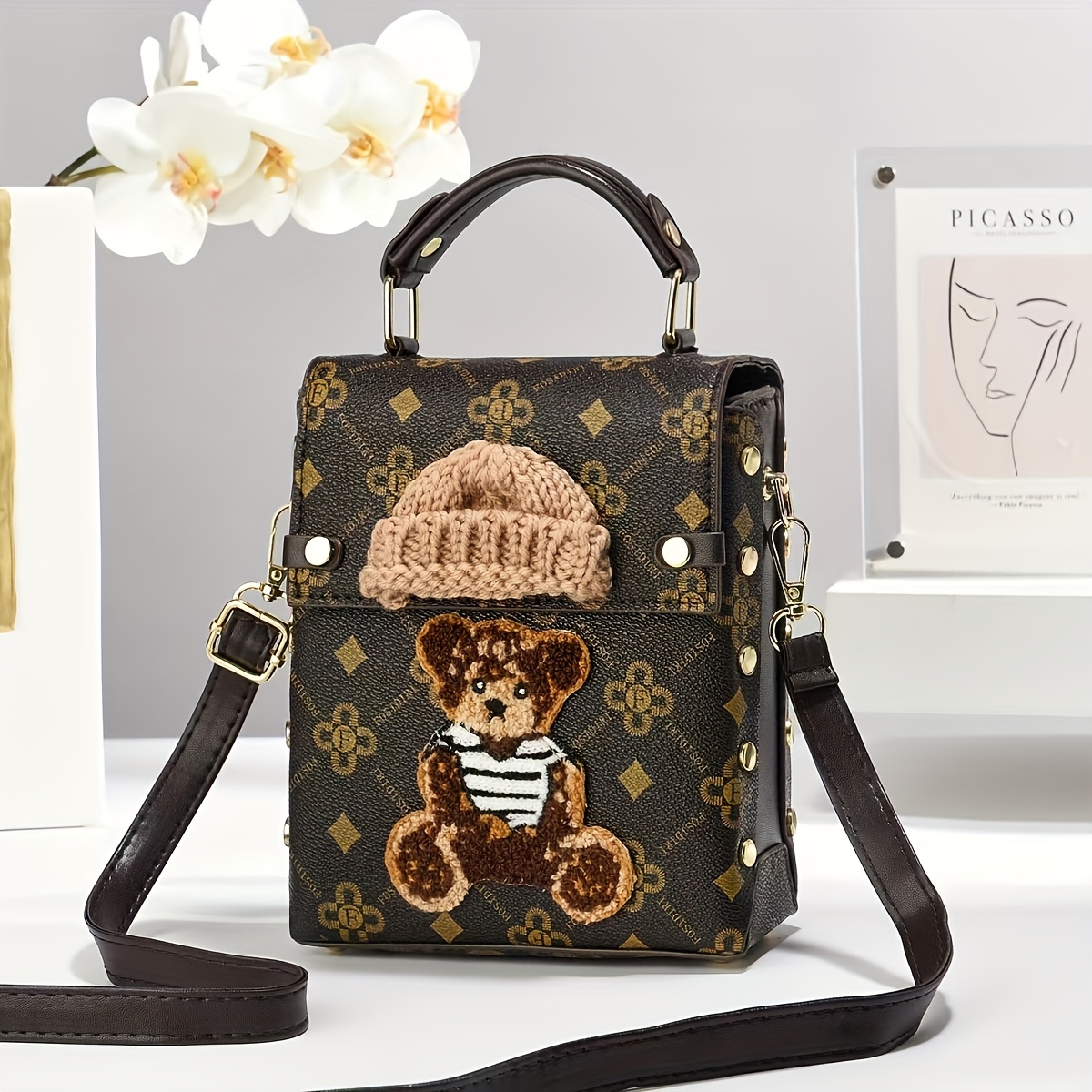 chic mini teddy bear knit hat design womens handbag retro geometric pattern magnetic closure brown with hardware large capacity multi layer purse for everyday use cute purse Product details 1