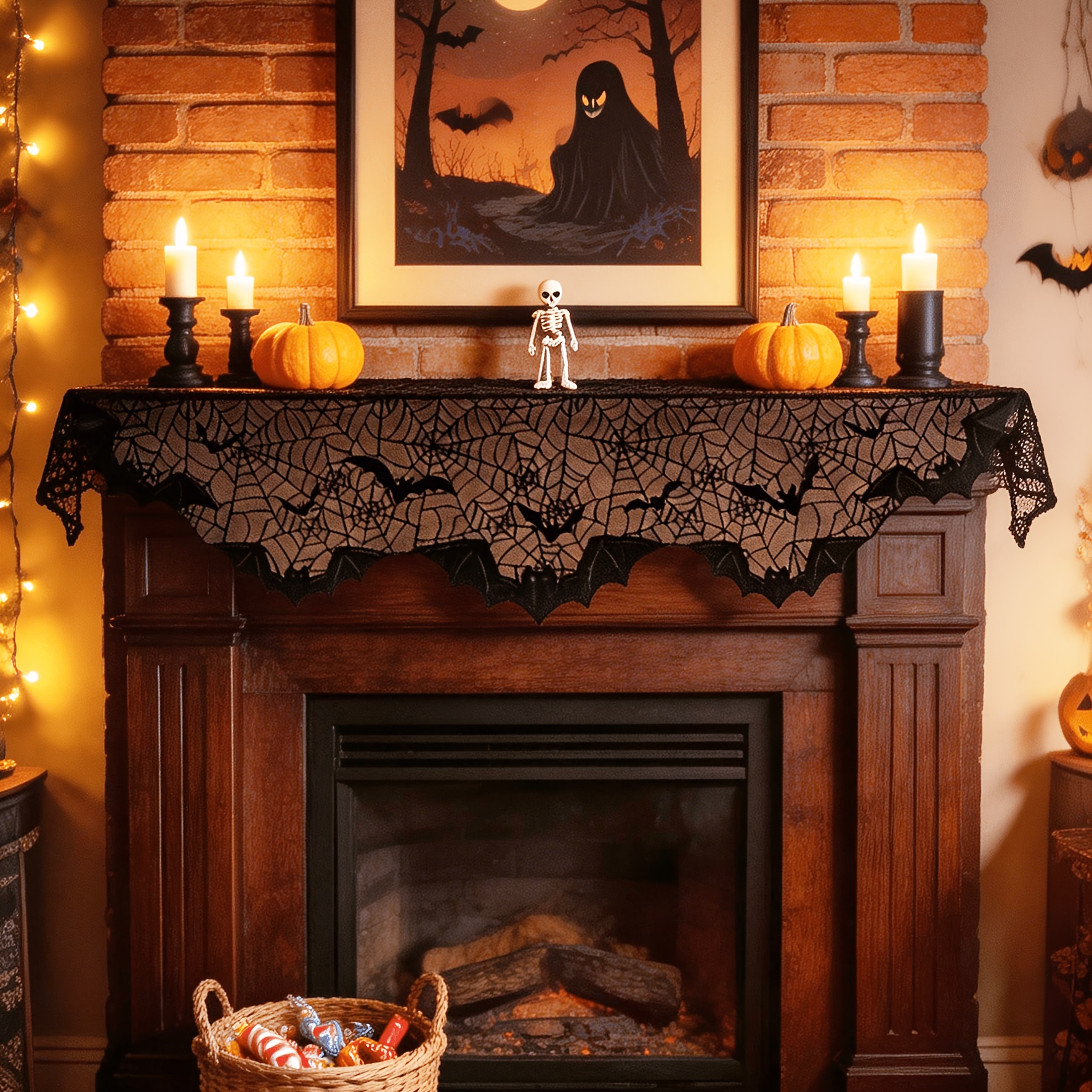 TEMU Halloween Black Lace Web Bat Stove Towel Gothic Style Fireplace Cover Fireplace Flag Decorative Cover Dining Table Flag Tabletop Cloth Halloween