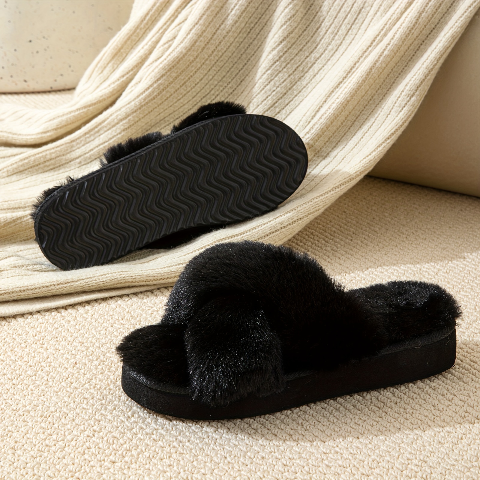 

Women's Crisscross Band Plush Slippers, Open Toe Soft Sole Slip On Flat Shoes, Winter Warm Home Slippers