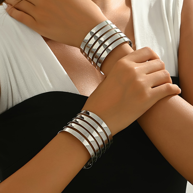 

2pcs Set Bold Geometric Hollow Multi-layer Open Cuff Bracelets For Women - Versatile Iron Jewelry For Everyday & Party Wear