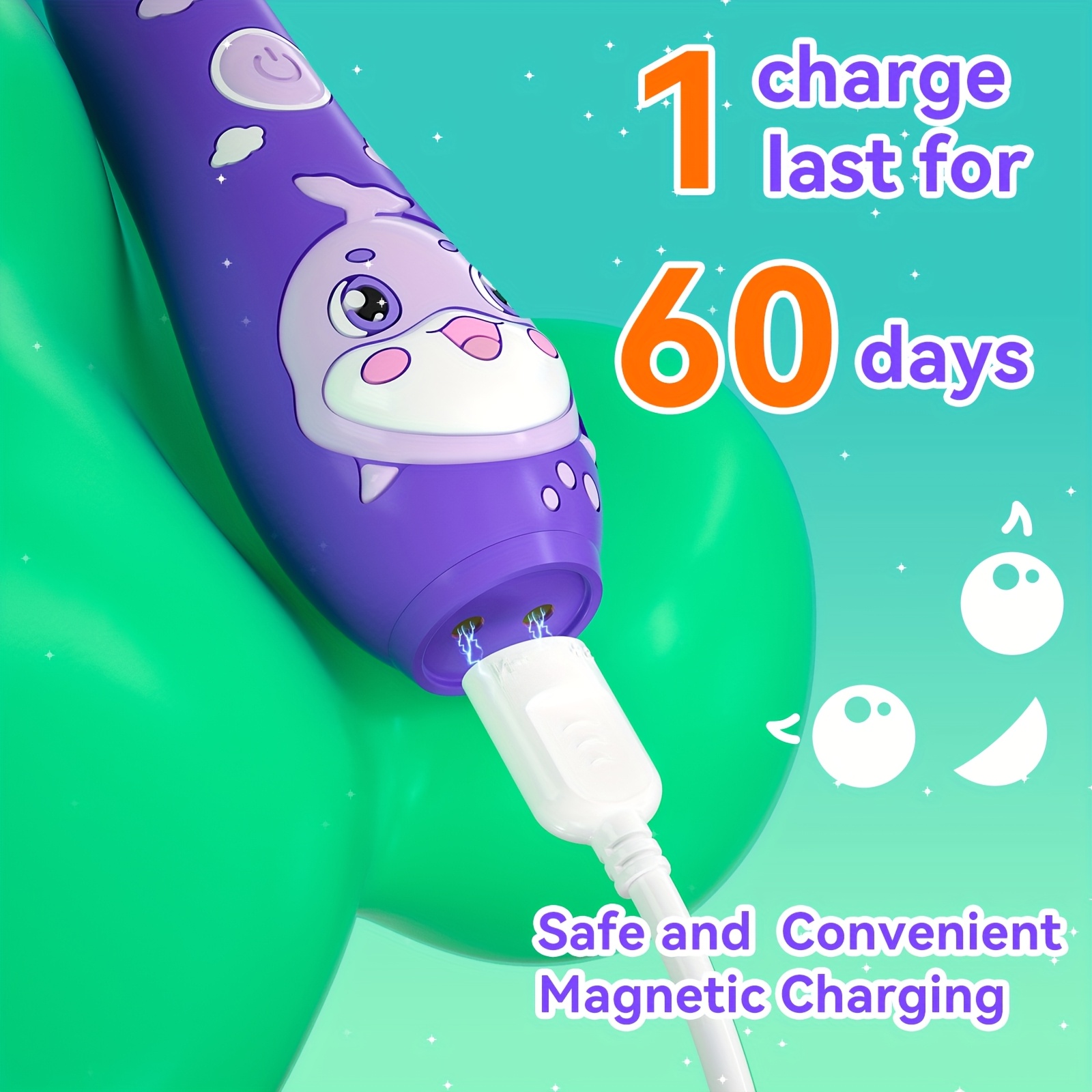 Electric Toothbrush | Cartoon Shape, LED Light, Soft Bristles, Magnetic Charging, 8 Brush Heads, USB Powered, Mixed Color, for Aged 0-6 Years
