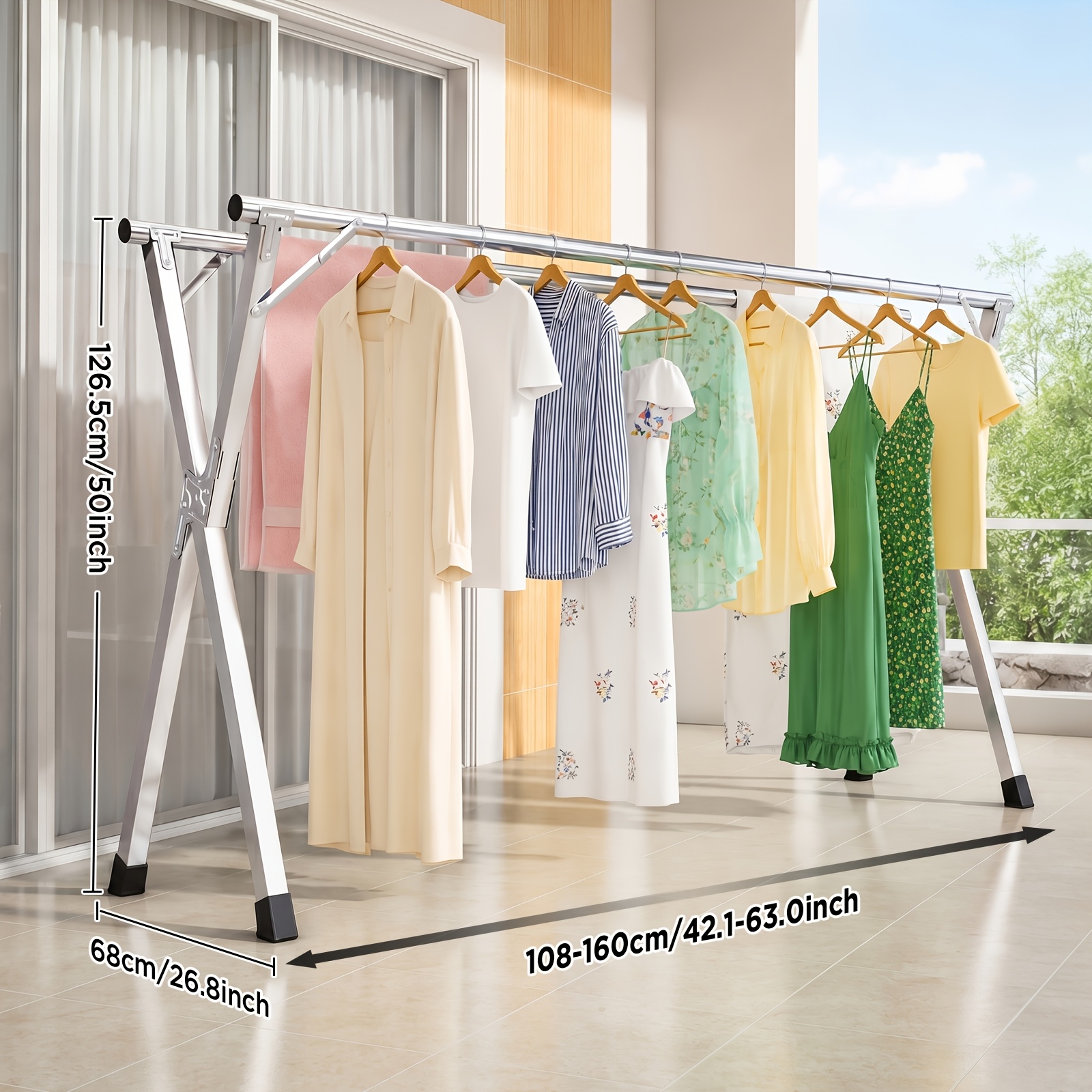 TEMU Stainless Steel Folding Clothes Drying Rack, 1pc, Space-saving, 199.9cm Telescopic Laundry Drying Rack, Collapsible Drying Line For Balcony,