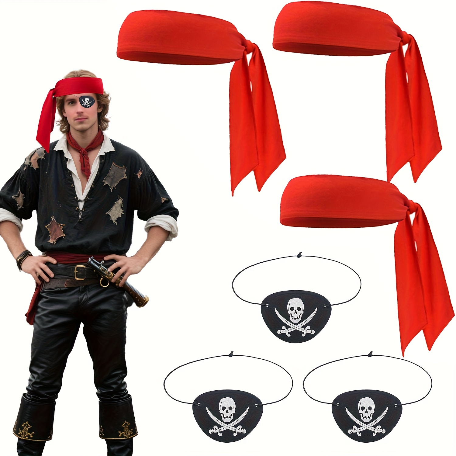 Image of Set Of 6 Halloween Pirate Additions, Featuring 3 Red Bandana Ties And 3 Black Eye Patches, Perfect For Themed Parties And Costume Cosplay