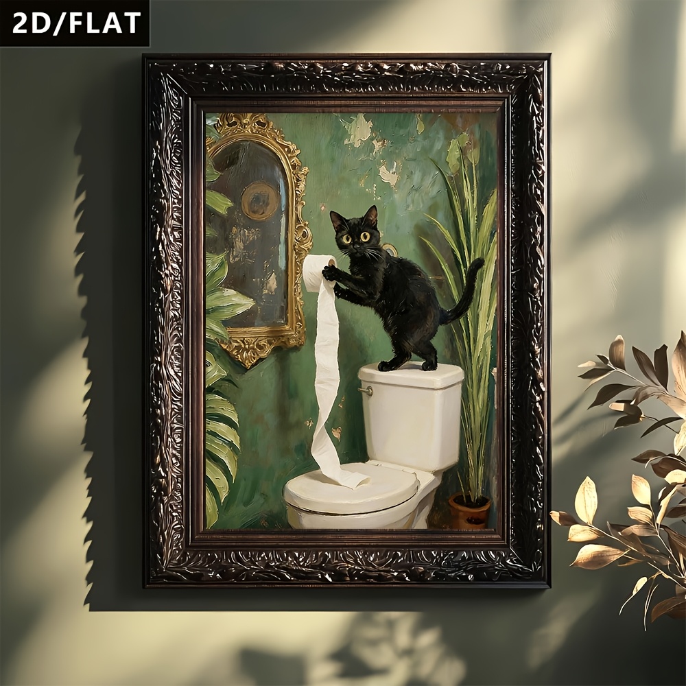 TEMU 2d Flat, 1pc Vintage Black Cat On Toilet Paper Roll Poster - Retro Oil Painting Canvas Wall Art Suitable For Bathroom, Kitchen, - Frameless