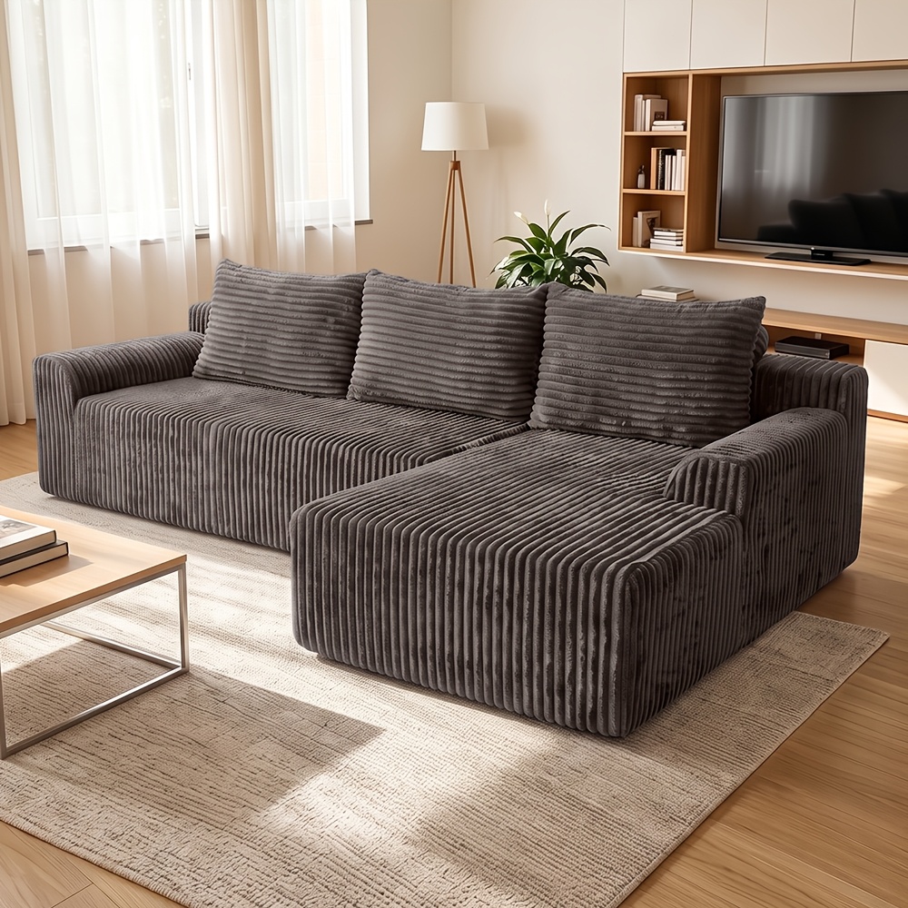 Image of Large L-shaped Corduroy , Convertible Sectional Couch With 4 , Multi-use Deep Seat Furniture For Family Entertainment, Vacuum Compressed No Assembly